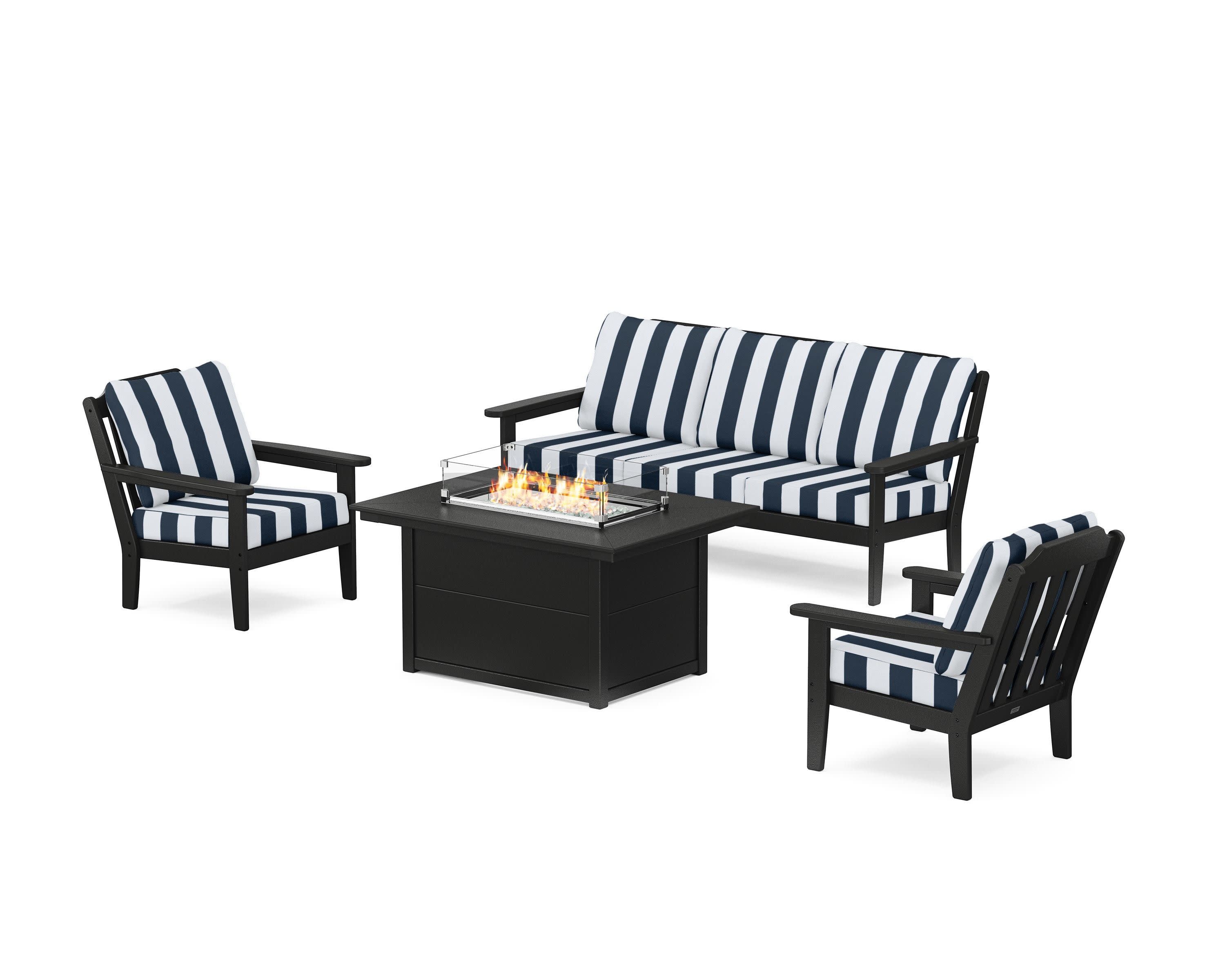 Cottage Deep Seating Fire Pit Table Set in Black / Cabana Stripe Marine Indigo