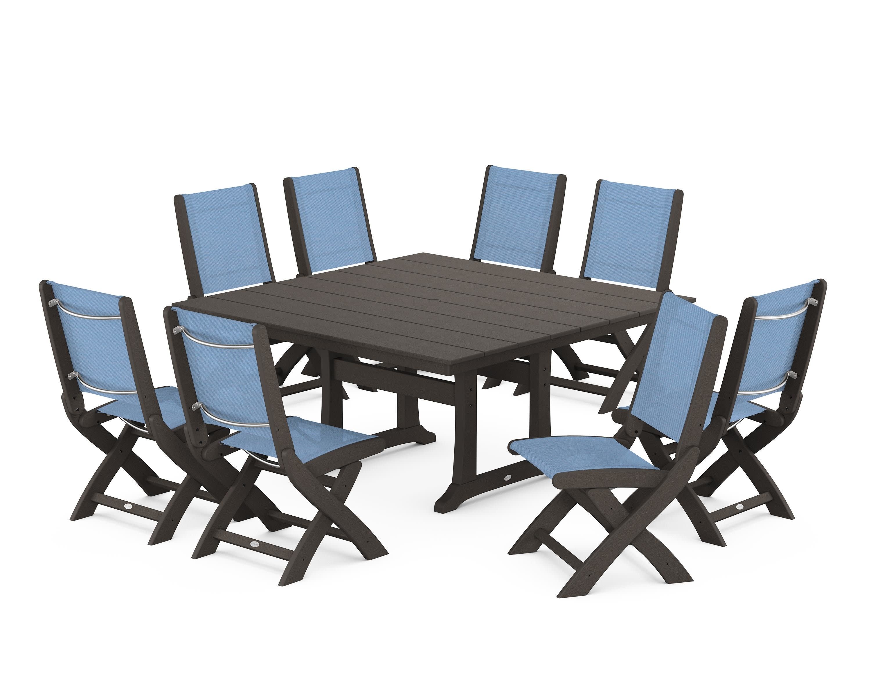 Coastal Folding Side Chair 9-Piece Farmhouse Dining Set in Vintage Coffee / Poolside Sling