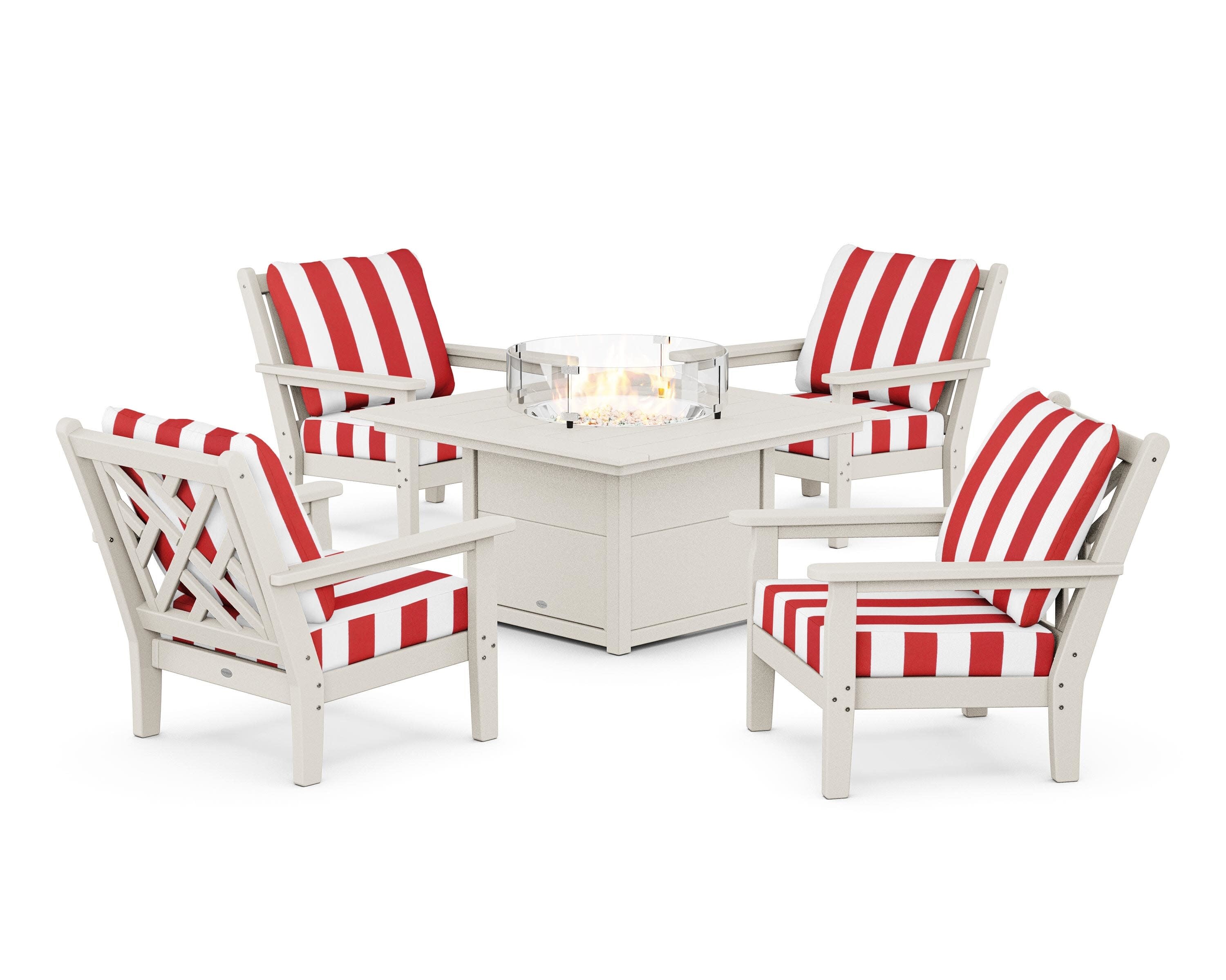 Chippendale 5-Piece Deep Seating Set with Fire Pit Table in Sand / Cabana Stripe Crimson