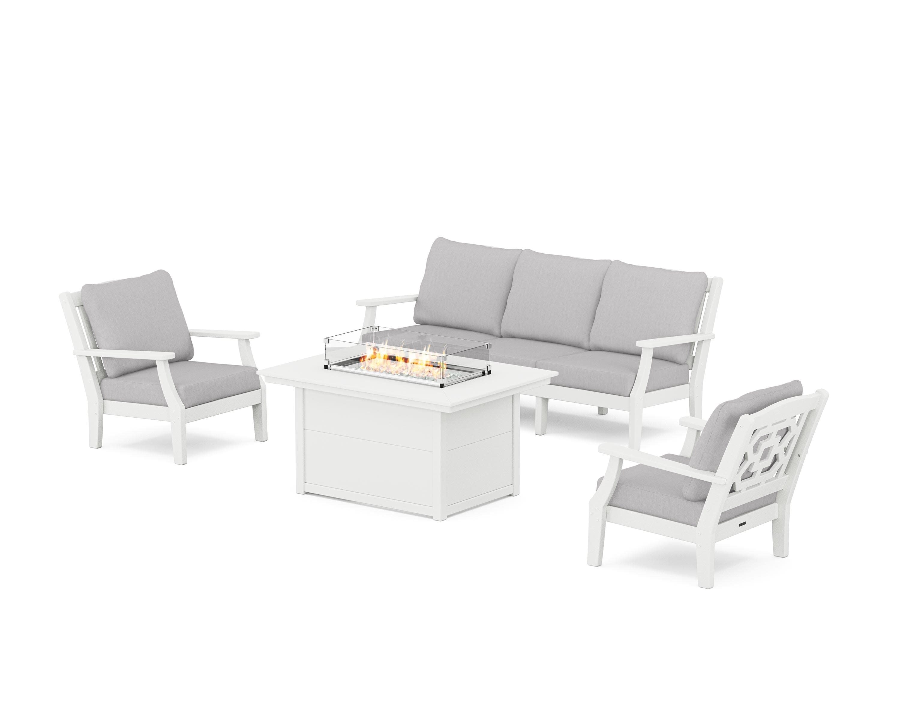 Chinoiserie Deep Seating Fire Pit Table Set in White / Granite
