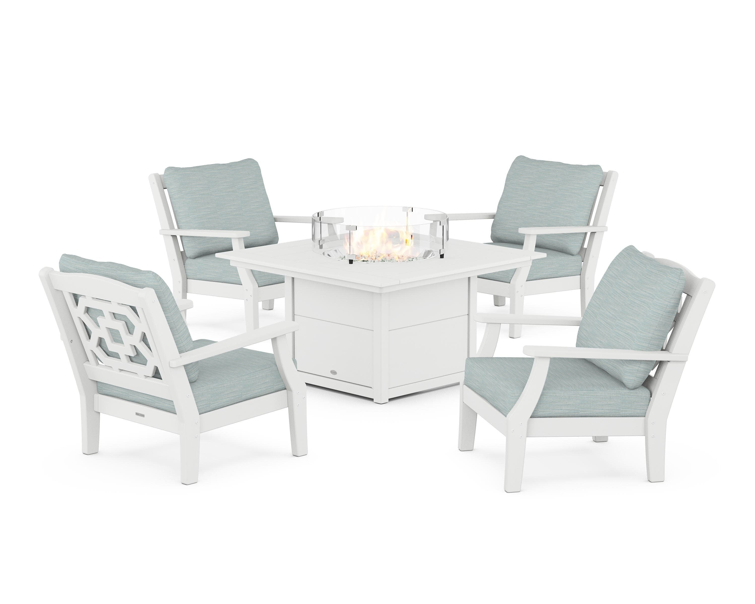 Chinoiserie 5-Piece Deep Seating Set with Fire Pit Table in White / Soothe Mist