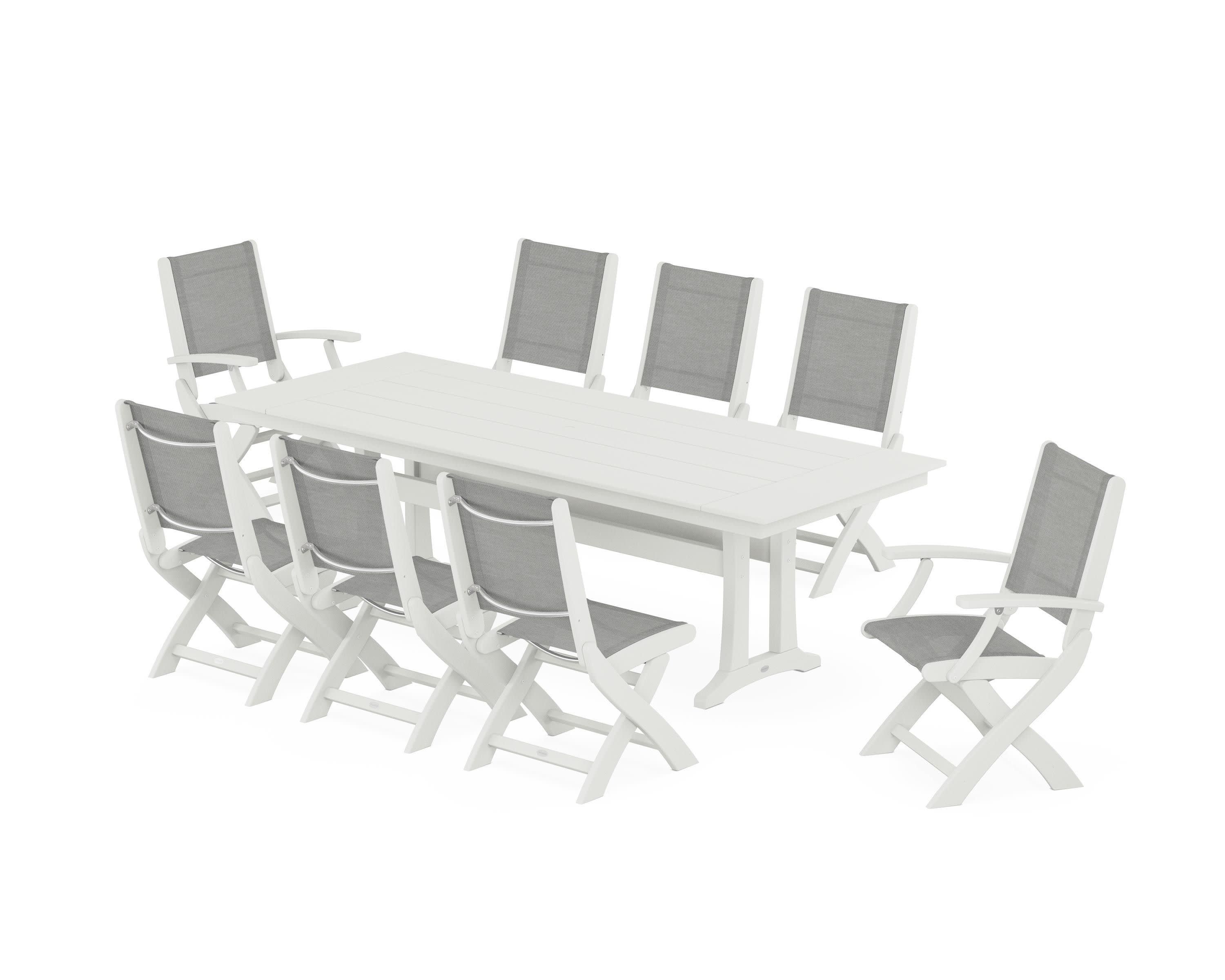 Coastal 9-Piece Folding Dining Chair Farmhouse Dining Set with Trestle Legs in Vintage White / Metallic Sling