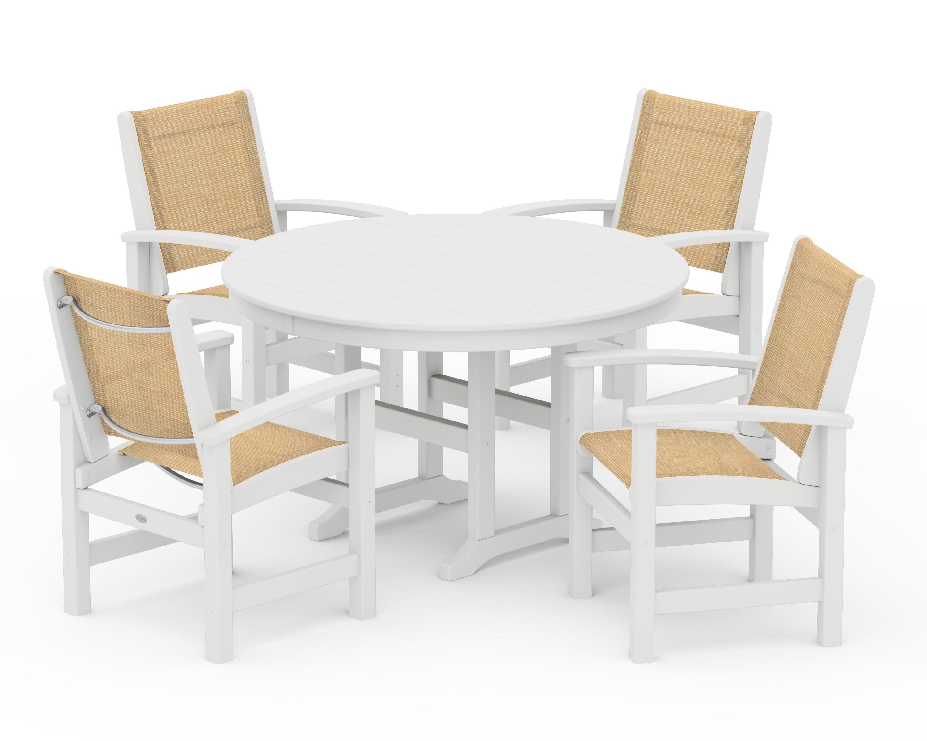 Coastal 5-Piece Round Farmhouse Dining Set in White / Dupioni Apricot Sling