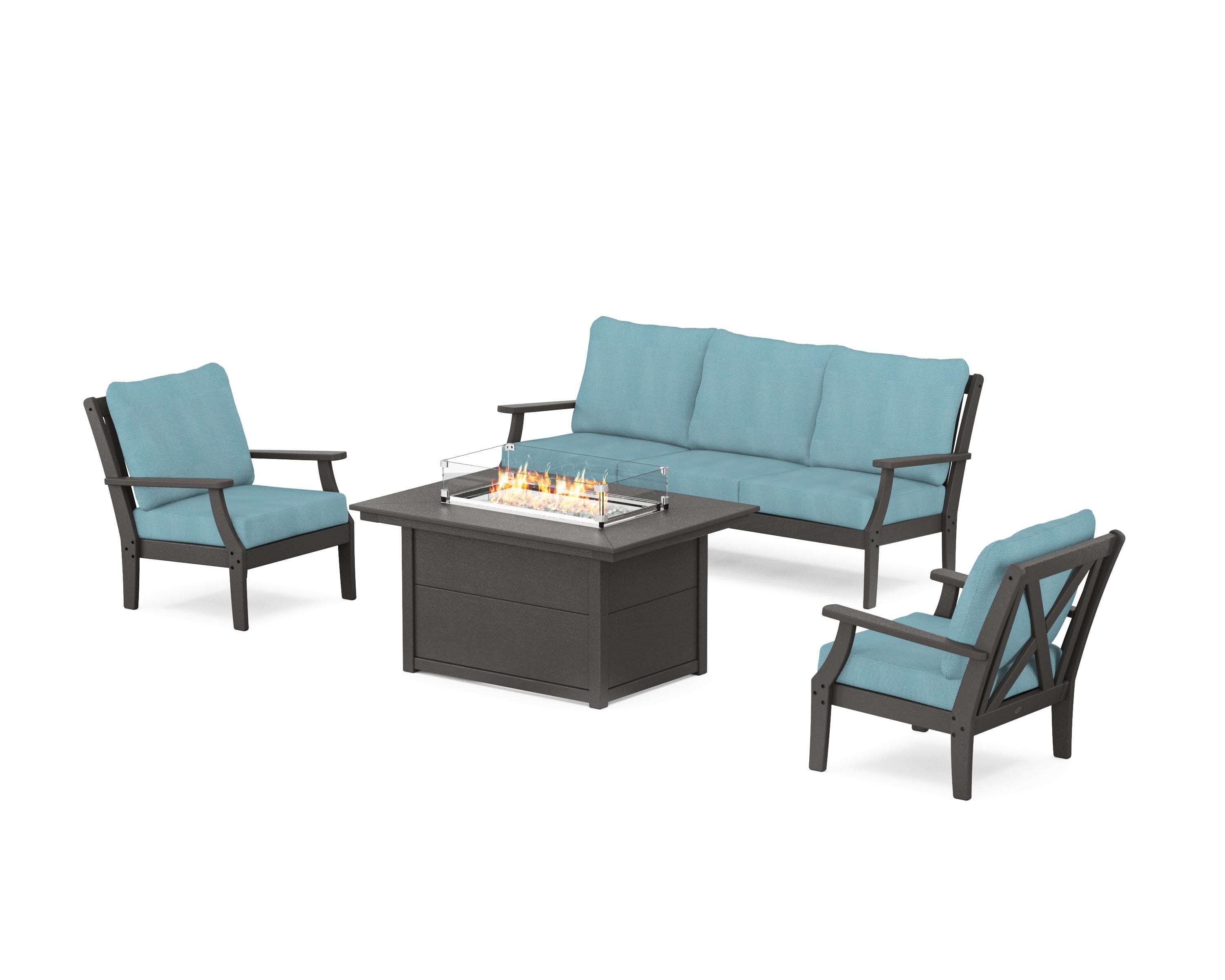 Braxton Deep Seating Fire Pit Table Set in Vintage Coffee / Lattice Sky Blue