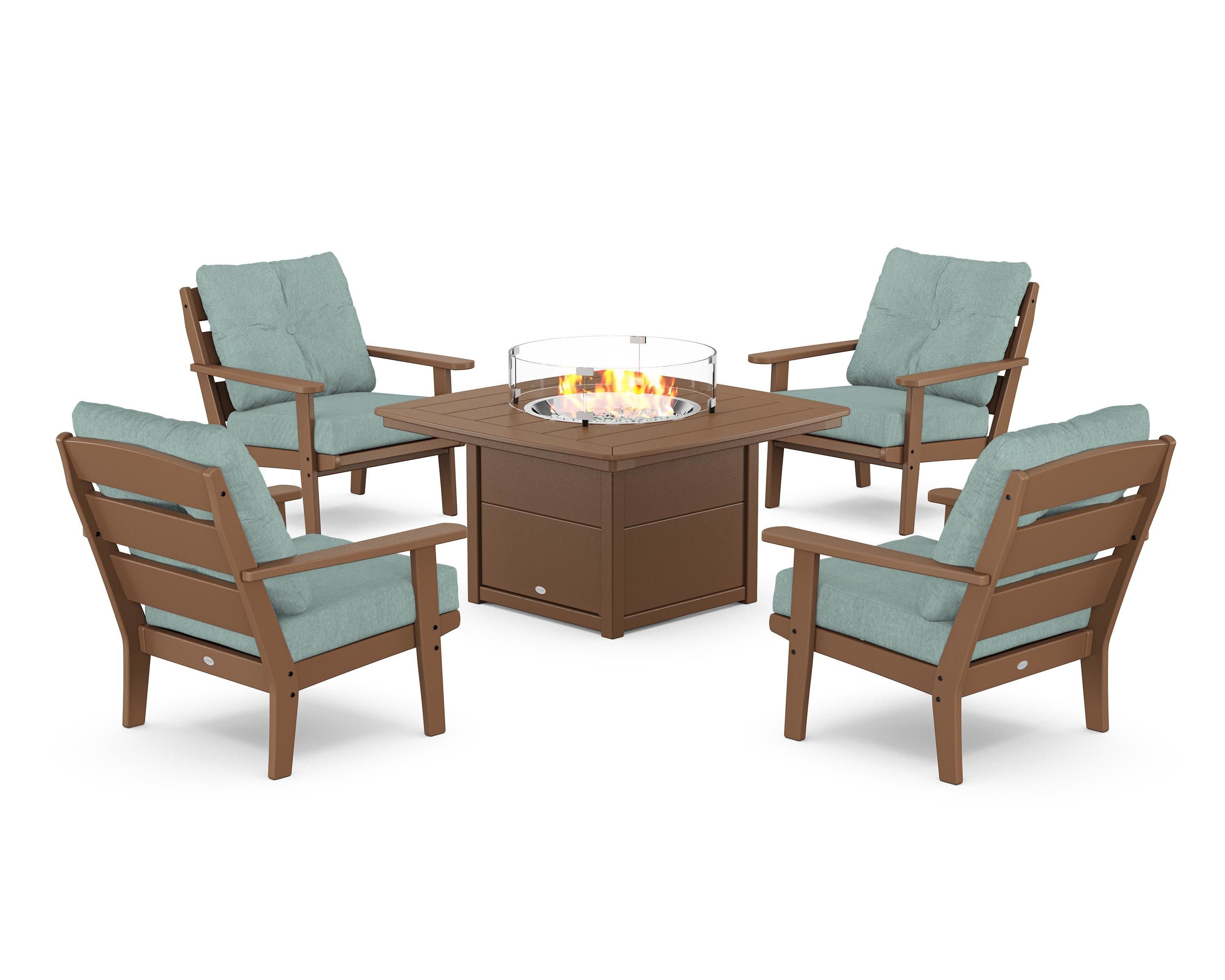 Lakeside 5-Piece Deep Seating Set with Nautical Fire Pit Table in Teak / Glacier Spa
