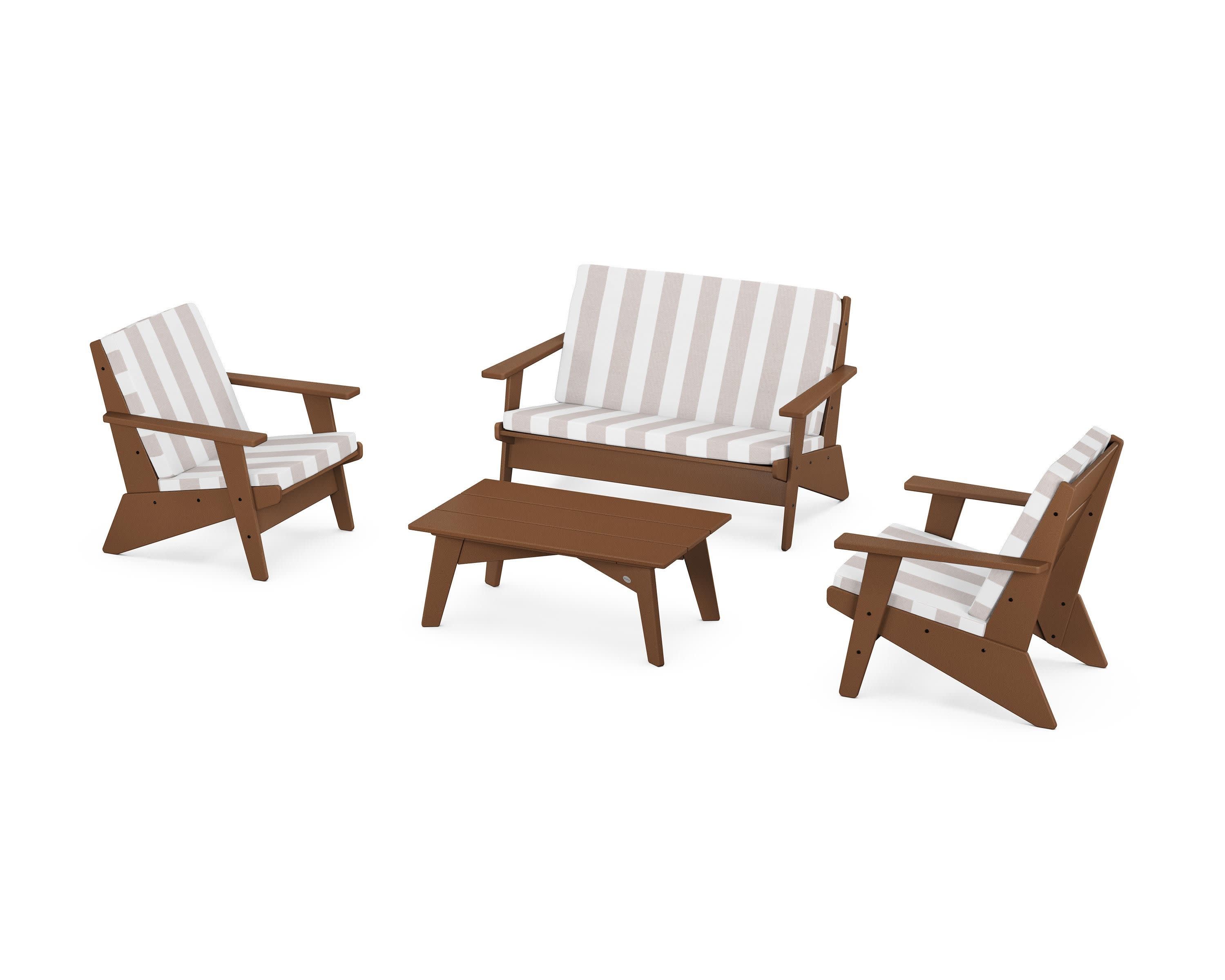 Riviera Modern Lounge 4-Piece Set in Teak / Cabana Stripe Dune Burlap