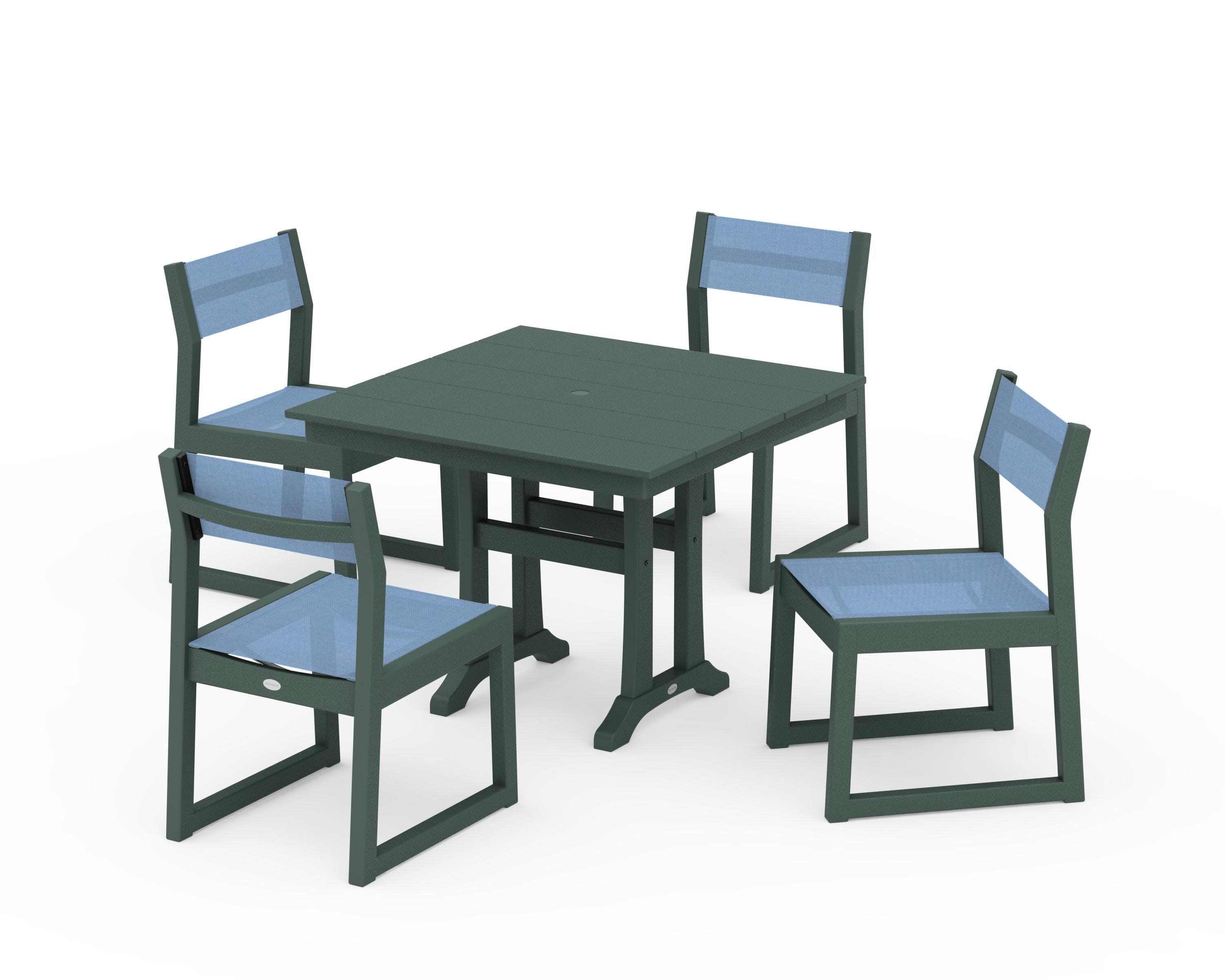 EDGE Sling 5-Piece Farmhouse Trestle Side Chair Dining Set in Green / Poolside Sling
