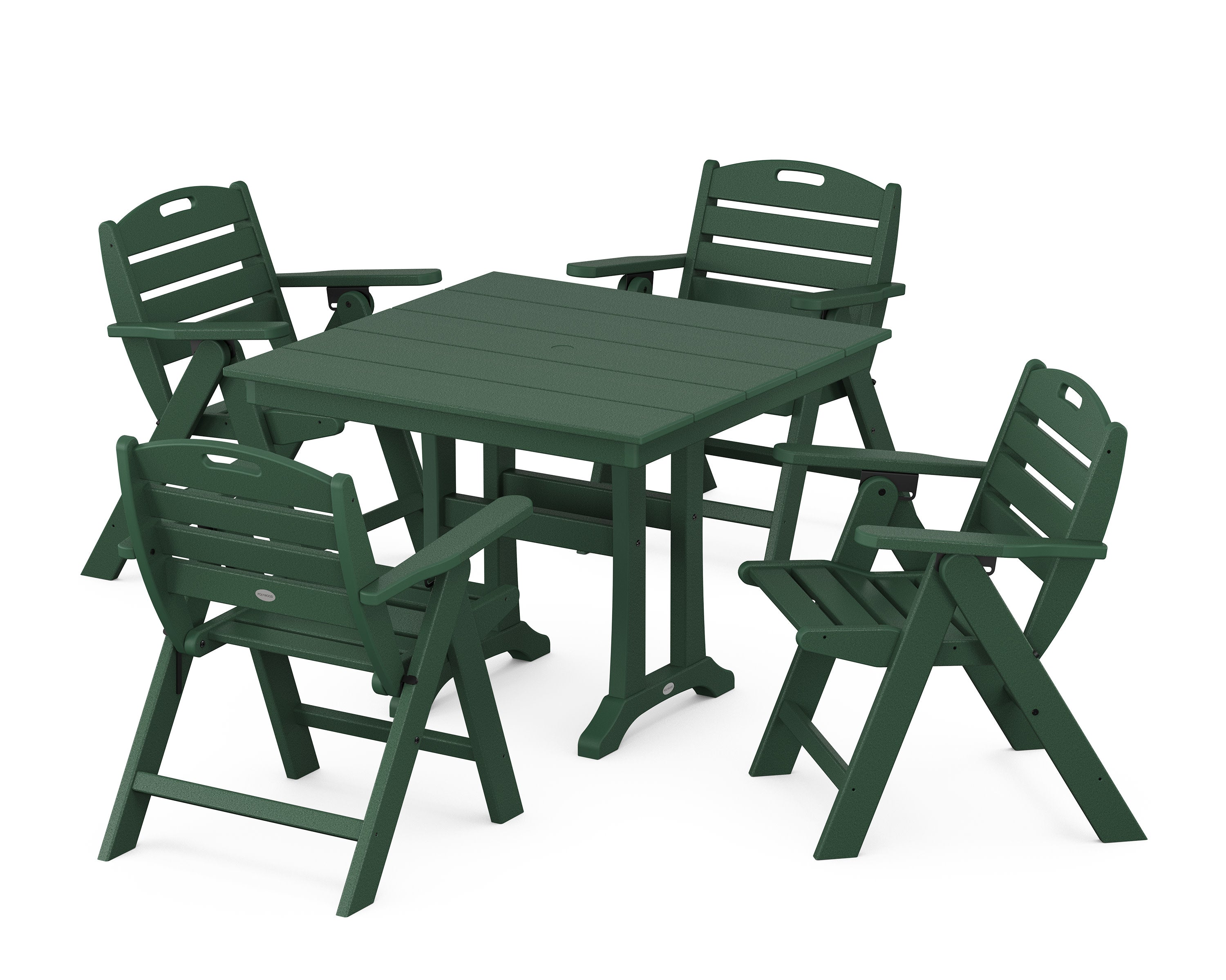 Nautical Folding Lowback Chair 5-Piece Farmhouse Dining Set With Trestle Legs in Green