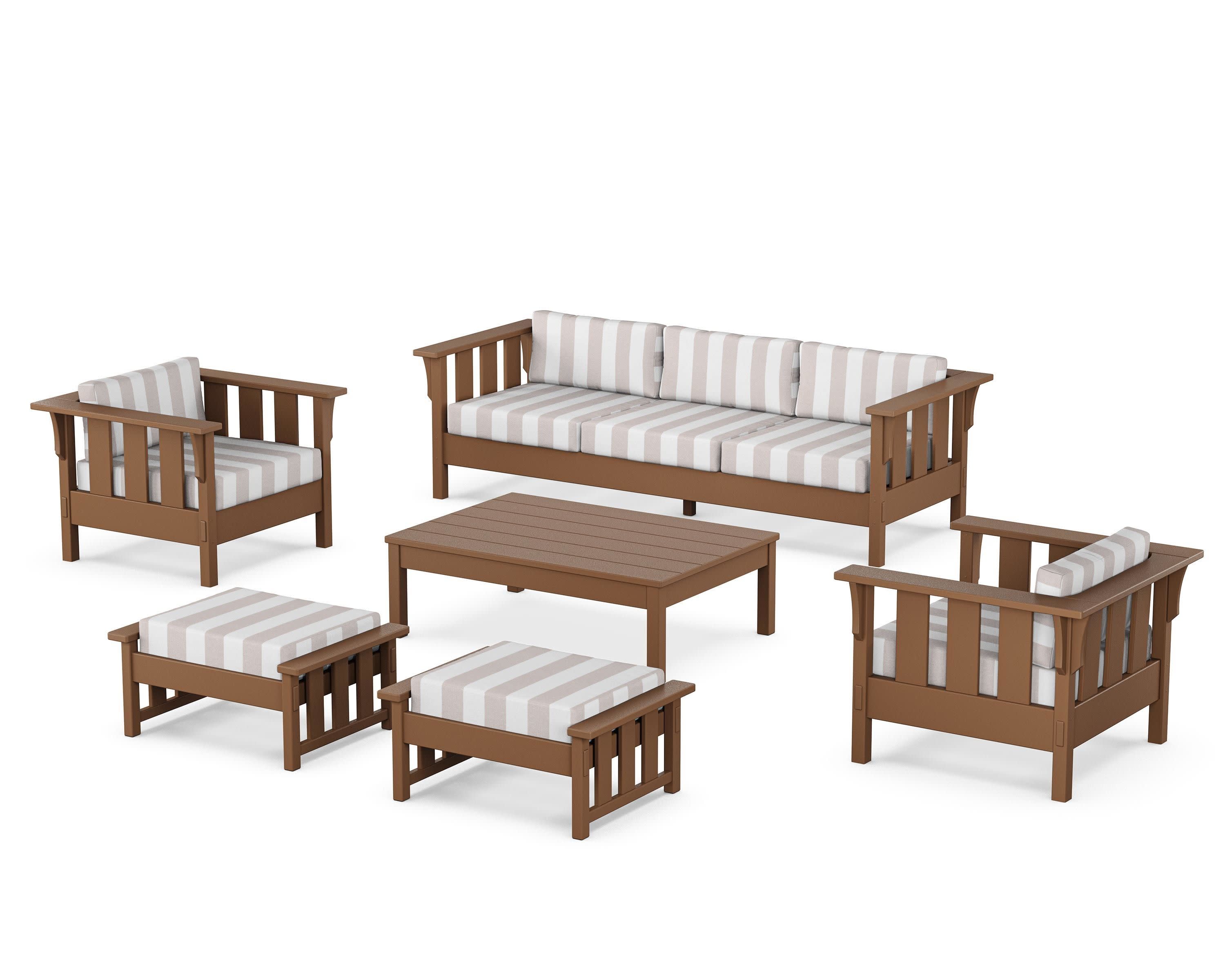 Acadia 6-Piece Lounge Sofa Set in Teak / Cabana Stripe Dune Burlap