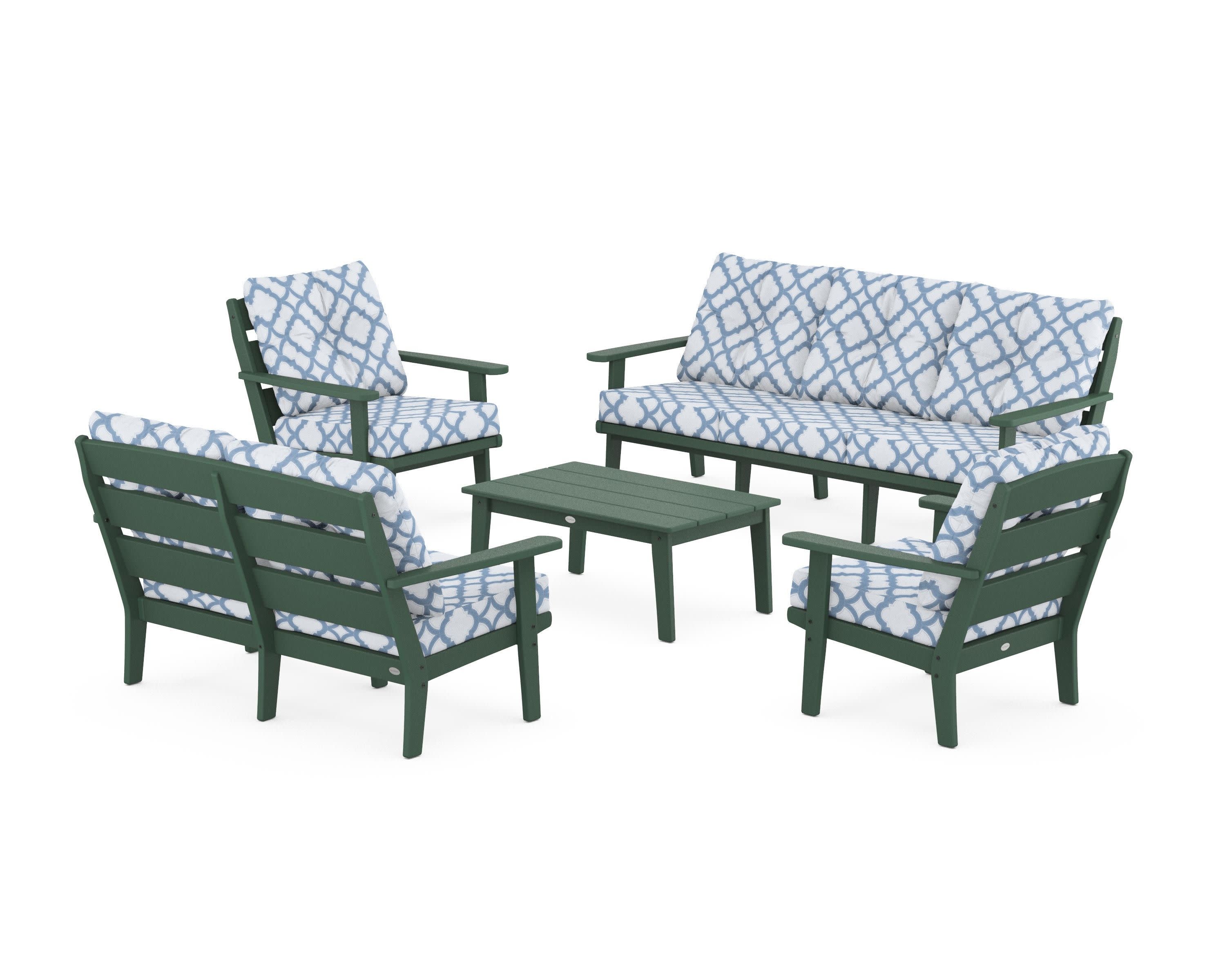 Lakeside 5-Piece Lounge Sofa Set in Green / Trellis Sky Blue