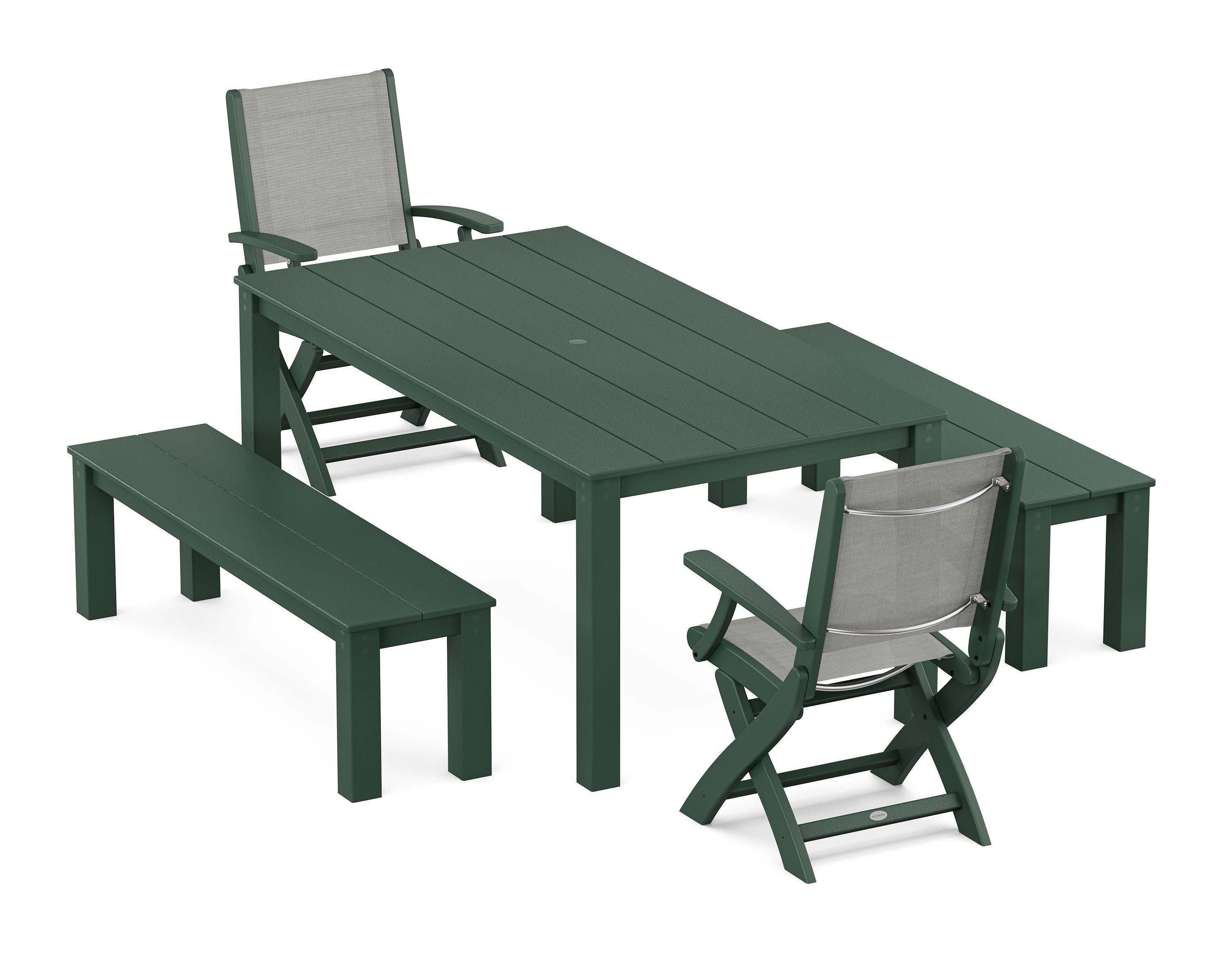 Coastal Folding Chair 5-Piece Parsons Dining Set with Benches in Green / Metallic Sling