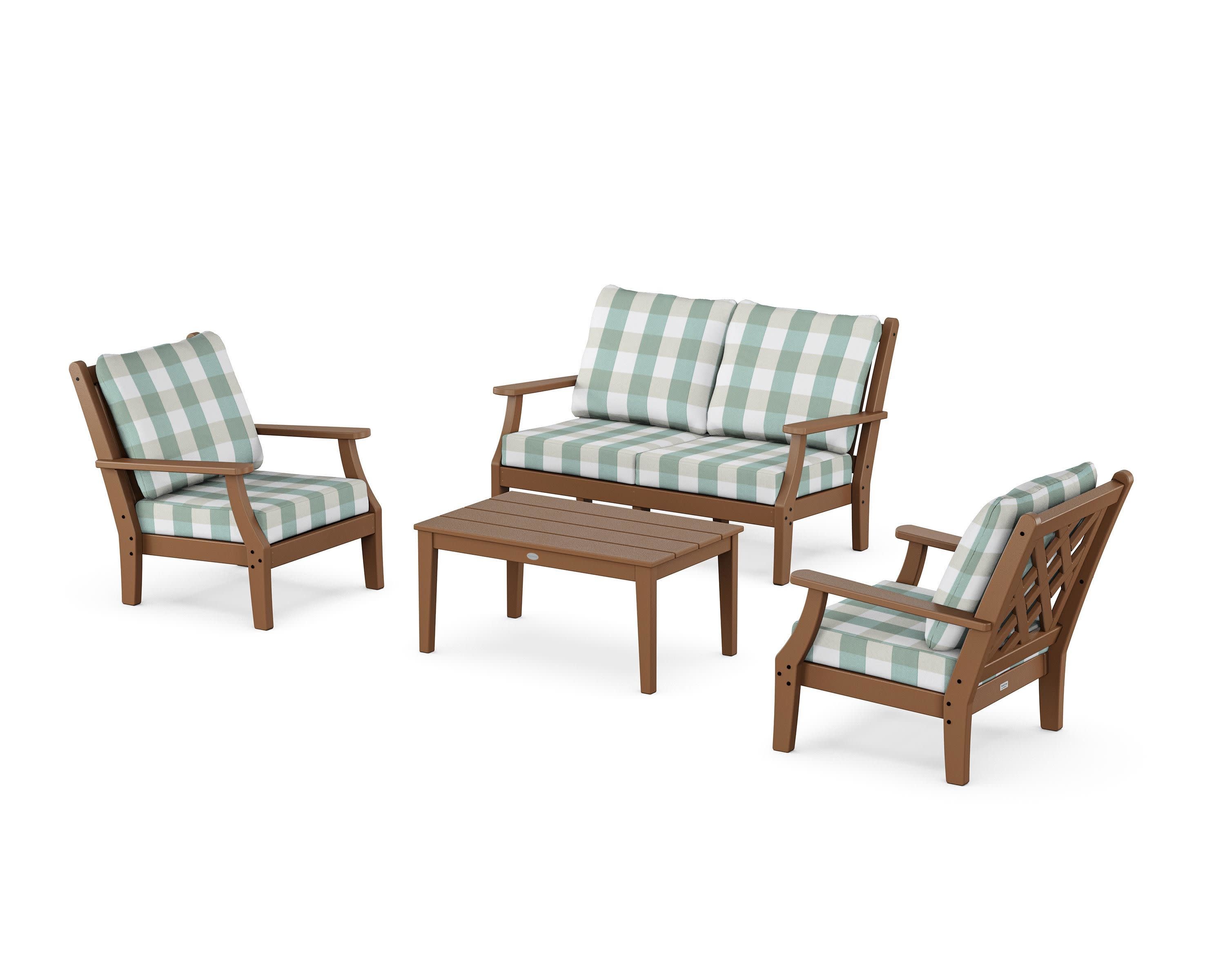 Wovendale 4-Piece Deep Seating Set with Loveseat in Teak / Buffalo Plaid Glacier Spa