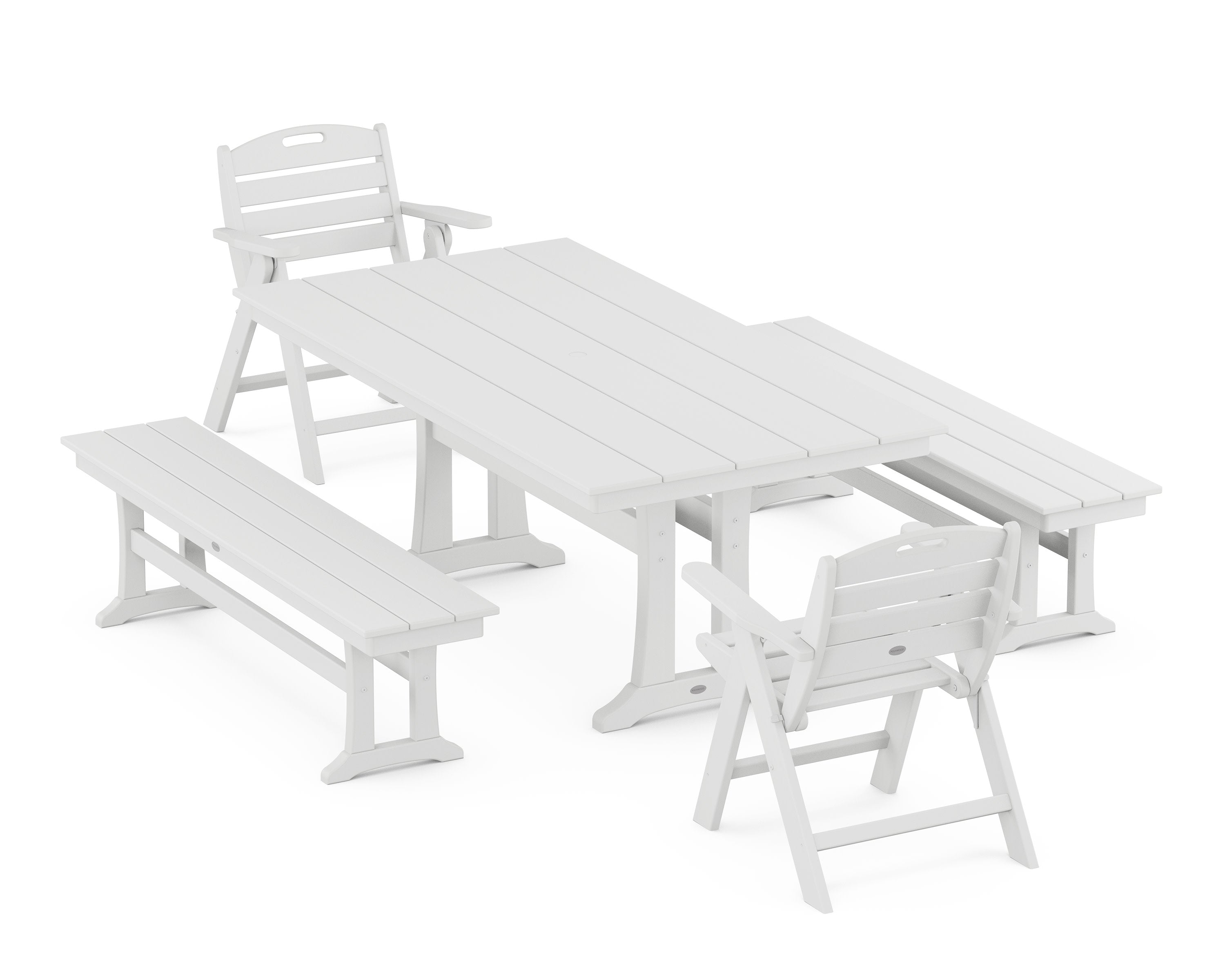 Nautical Folding Lowback Chair 5-Piece Farmhouse Dining Set With Trestle Legs in White