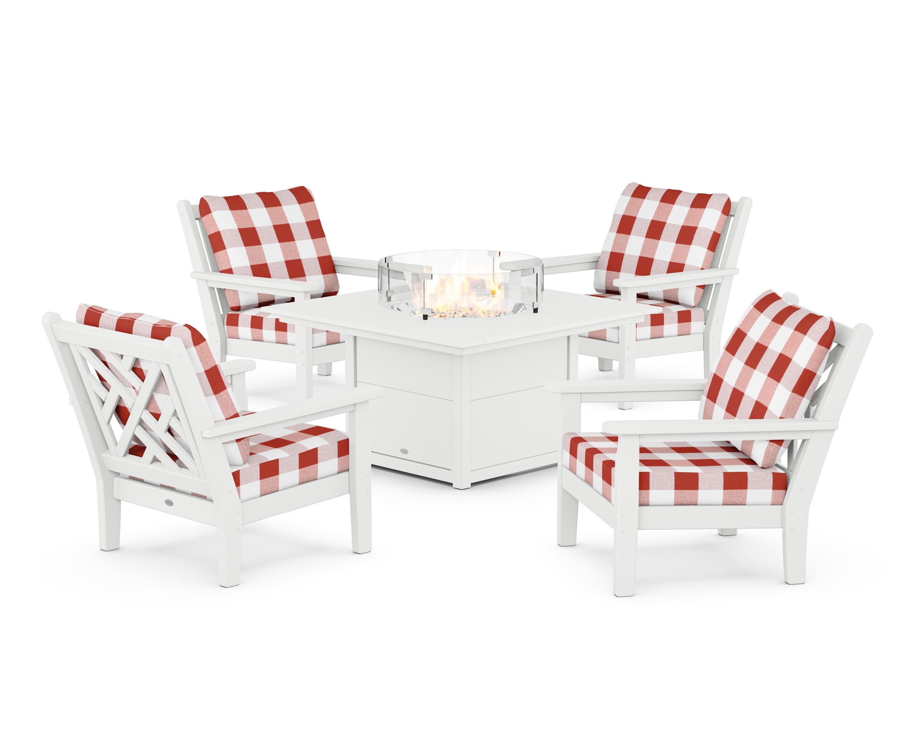 Chippendale 5-Piece Deep Seating Set with Fire Pit Table in White / Buffalo Plaid Crimson