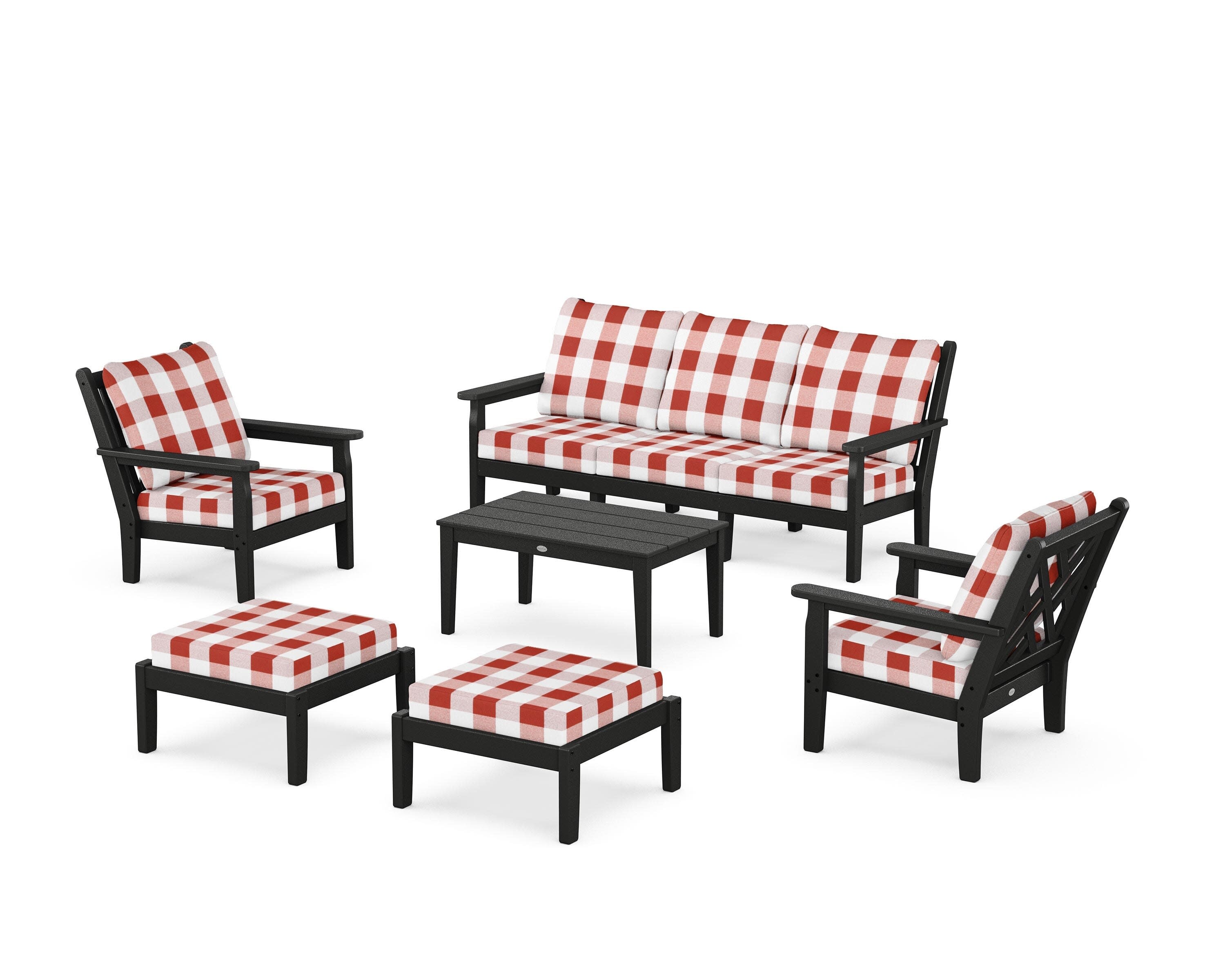 Chippendale 6-Piece Lounge Sofa Set in Black / Buffalo Plaid Crimson