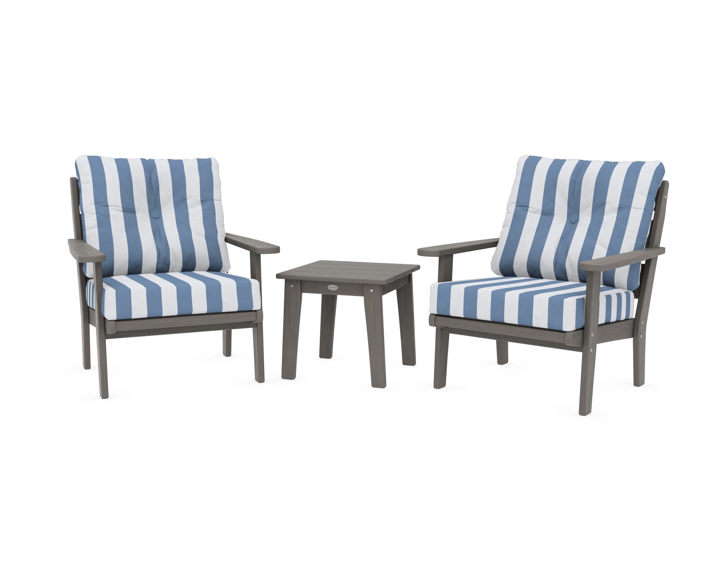 Lakeside 3-Piece Deep Seating Chair Set in Driftwood / Cabana Stripe Sky Blue