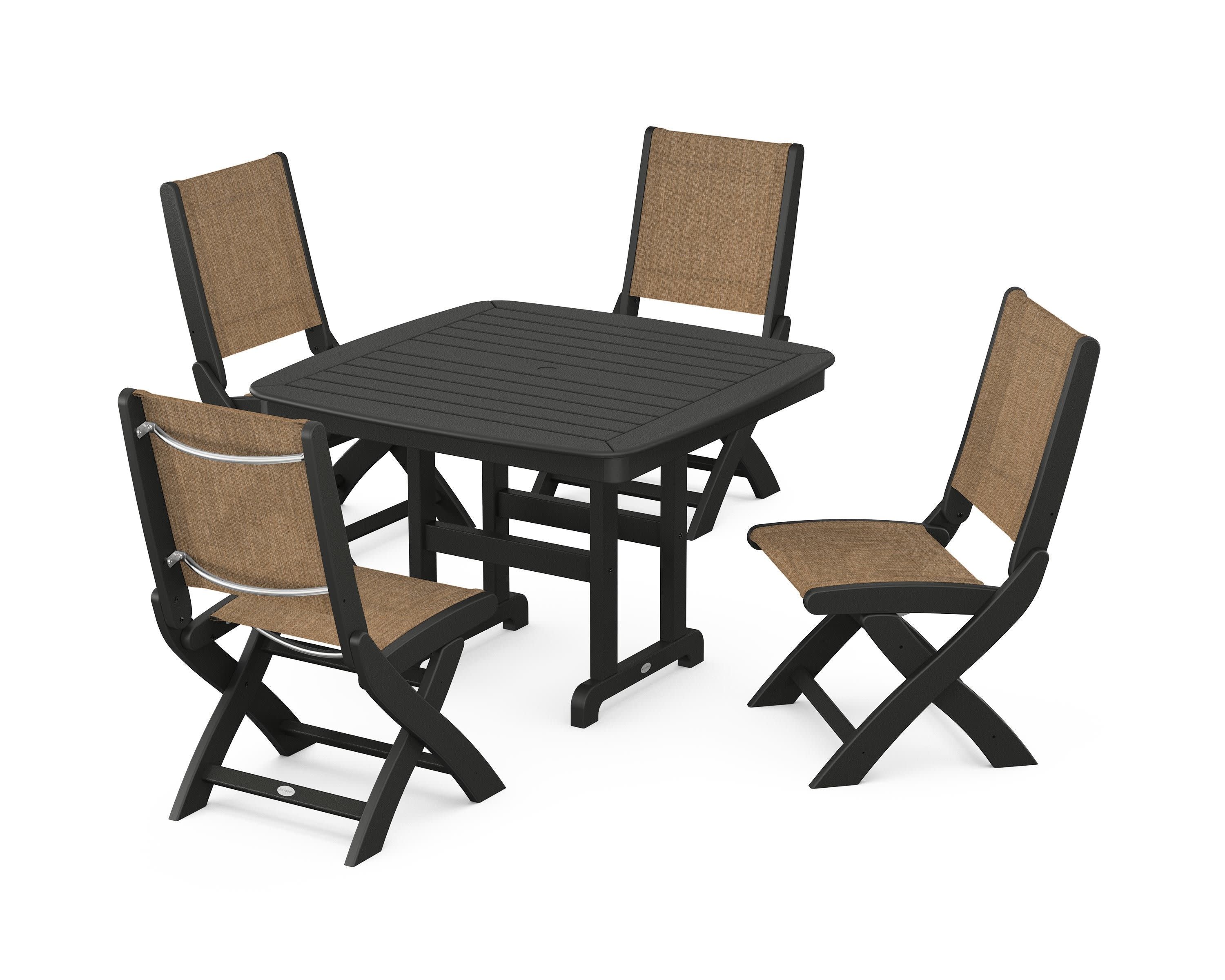 Coastal Folding Side Chair 5-Piece Dining Set in Black / Burlap Sling