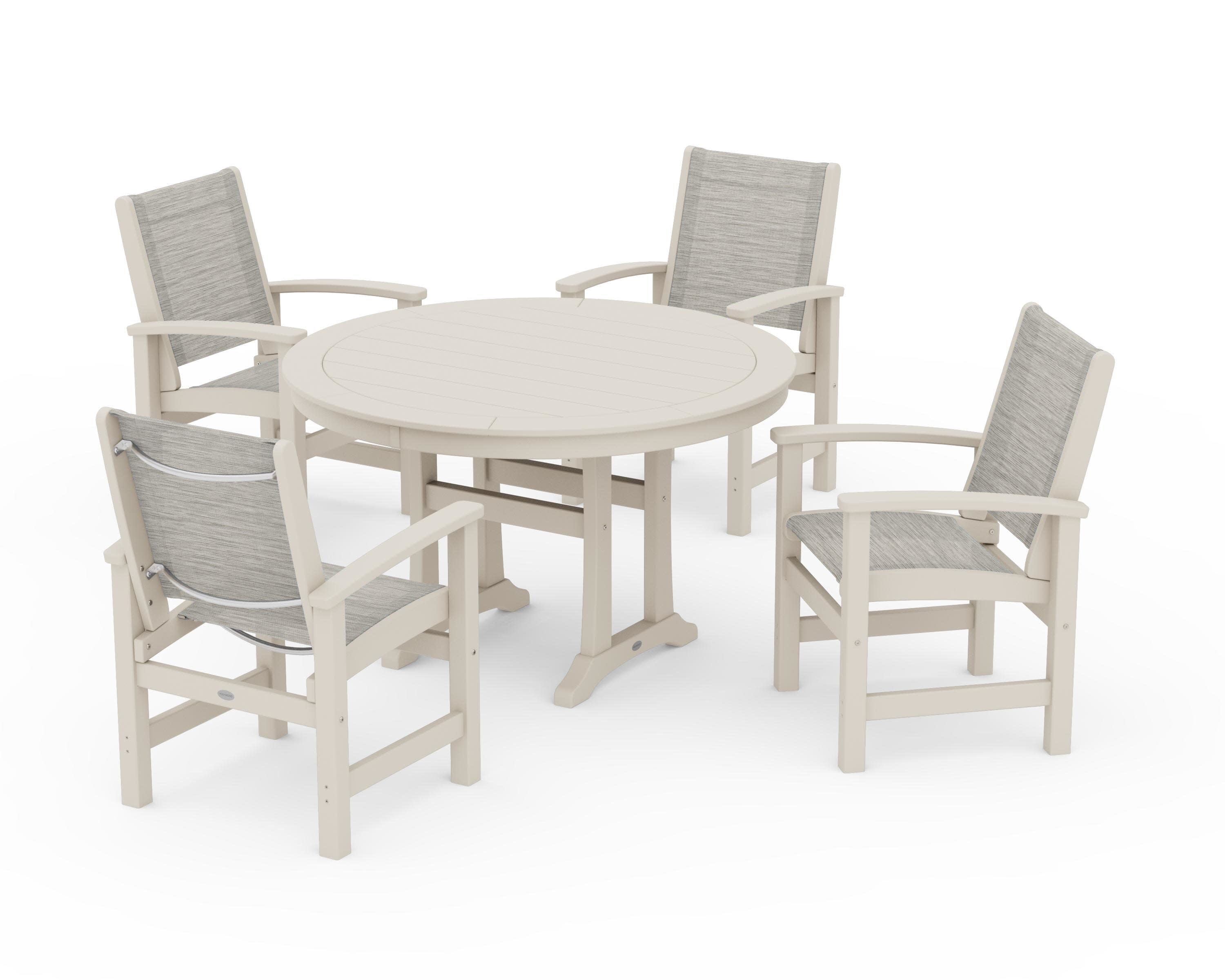 Coastal 5-Piece Round Dining Set with Trestle Legs in Sand / Birch Sling