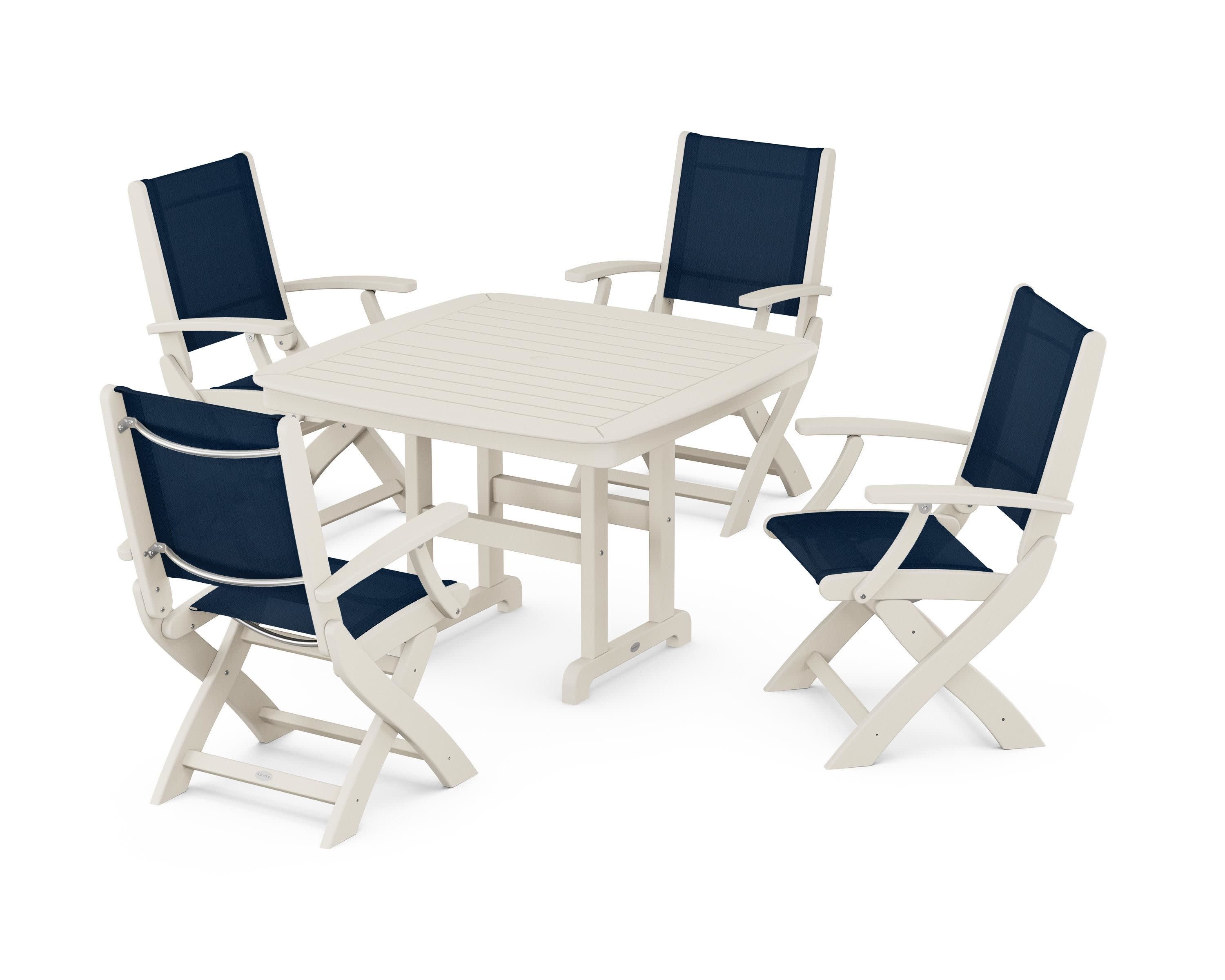 Coastal Folding Chair 5-Piece Dining Set in Sand / Navy Blue Sling