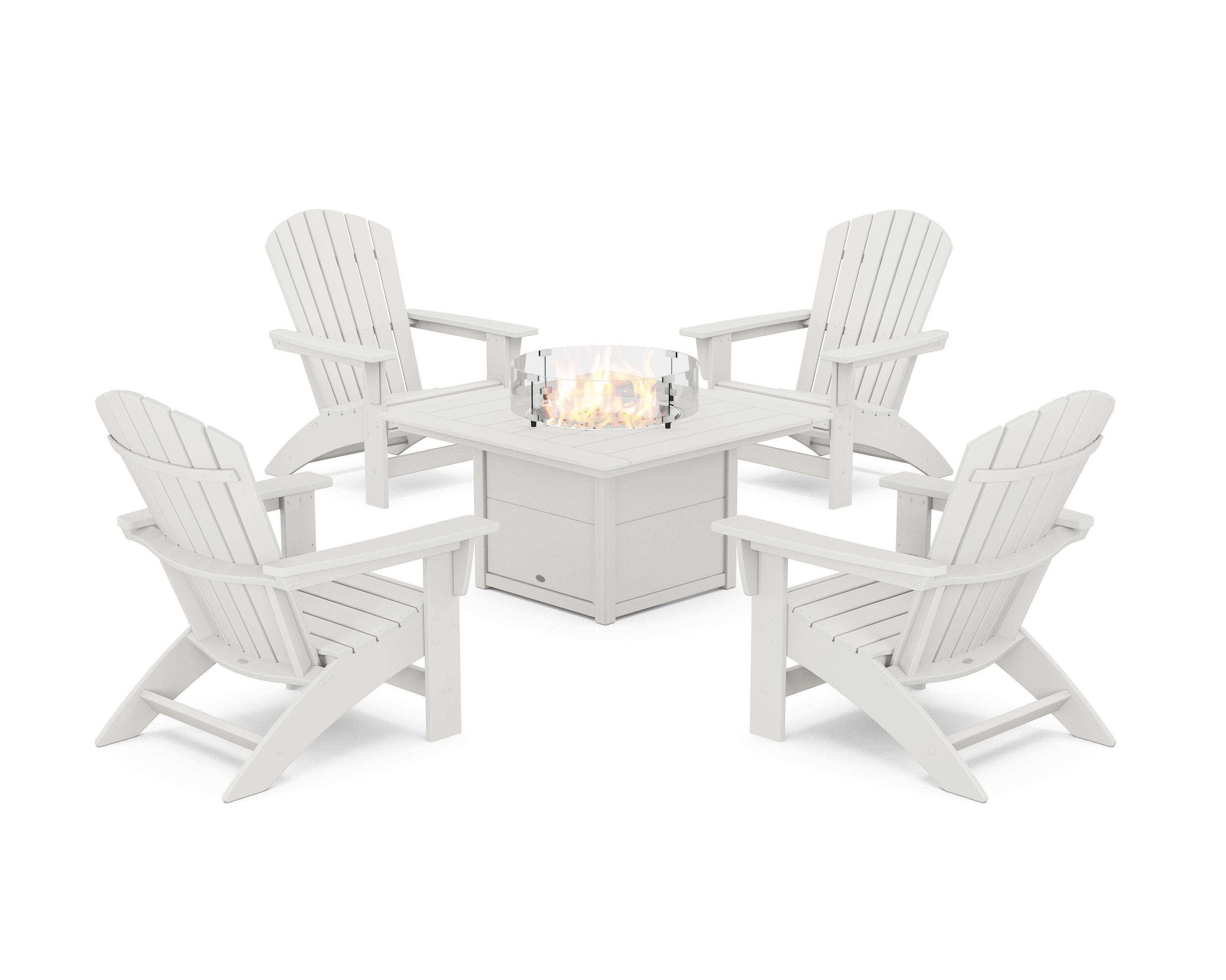 5-Piece Nautical Grand Adirondack Conversation Set with Fire Pit Table in Vintage White