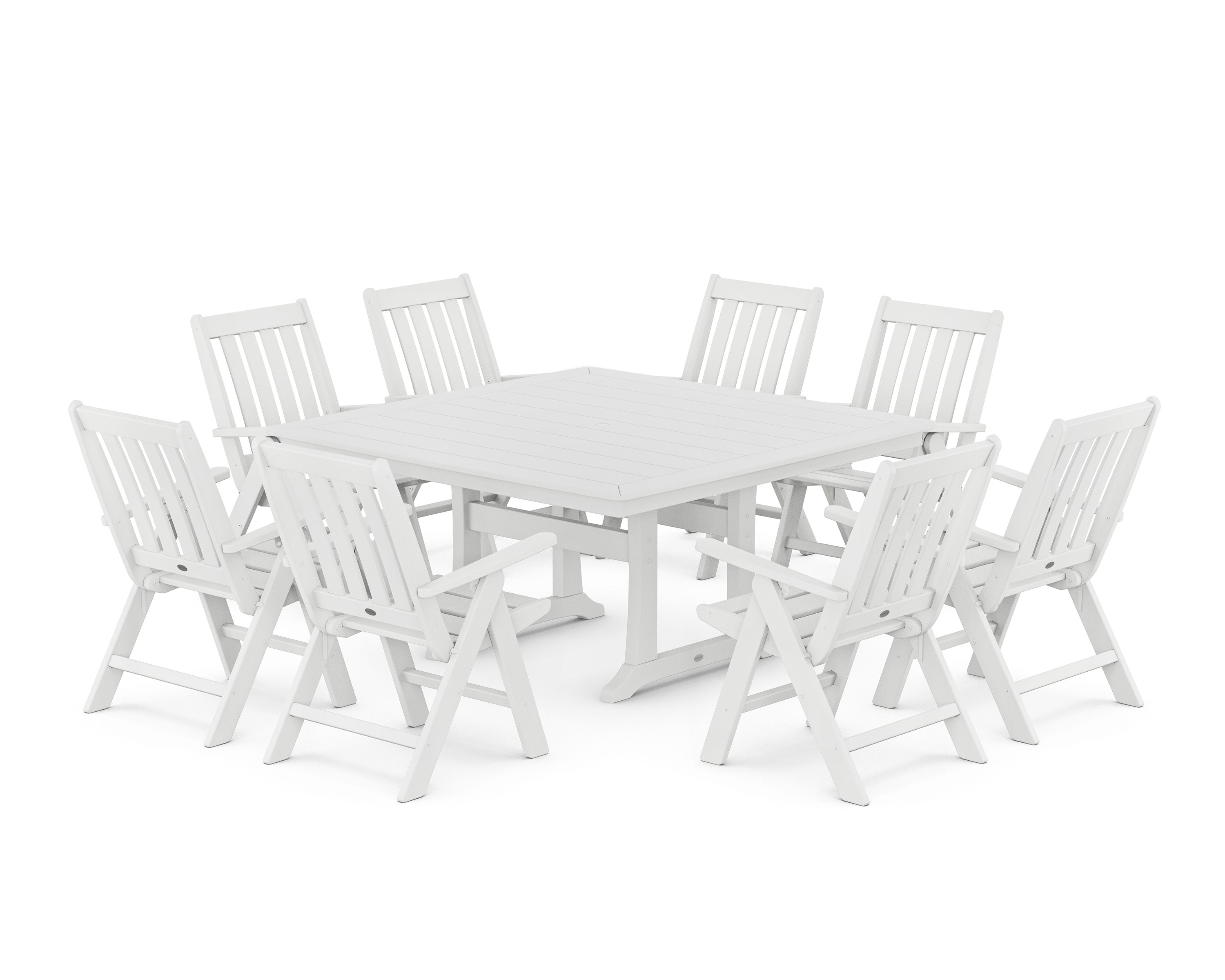 Vineyard Folding Chair 9-Piece Square Dining Set with Trestle Legs in White