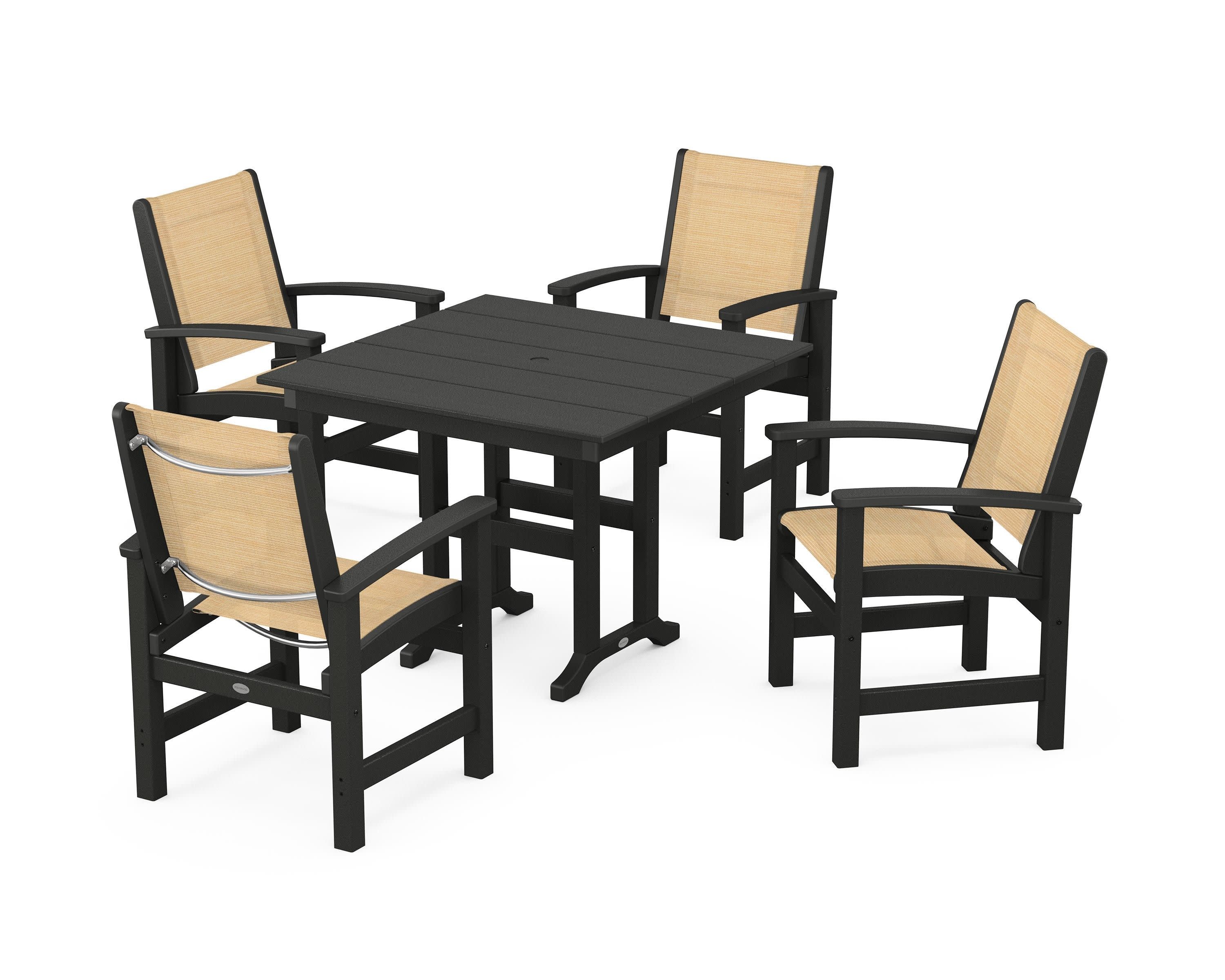 Coastal 5-Piece Farmhouse Dining Set in Black / Dupioni Apricot Sling