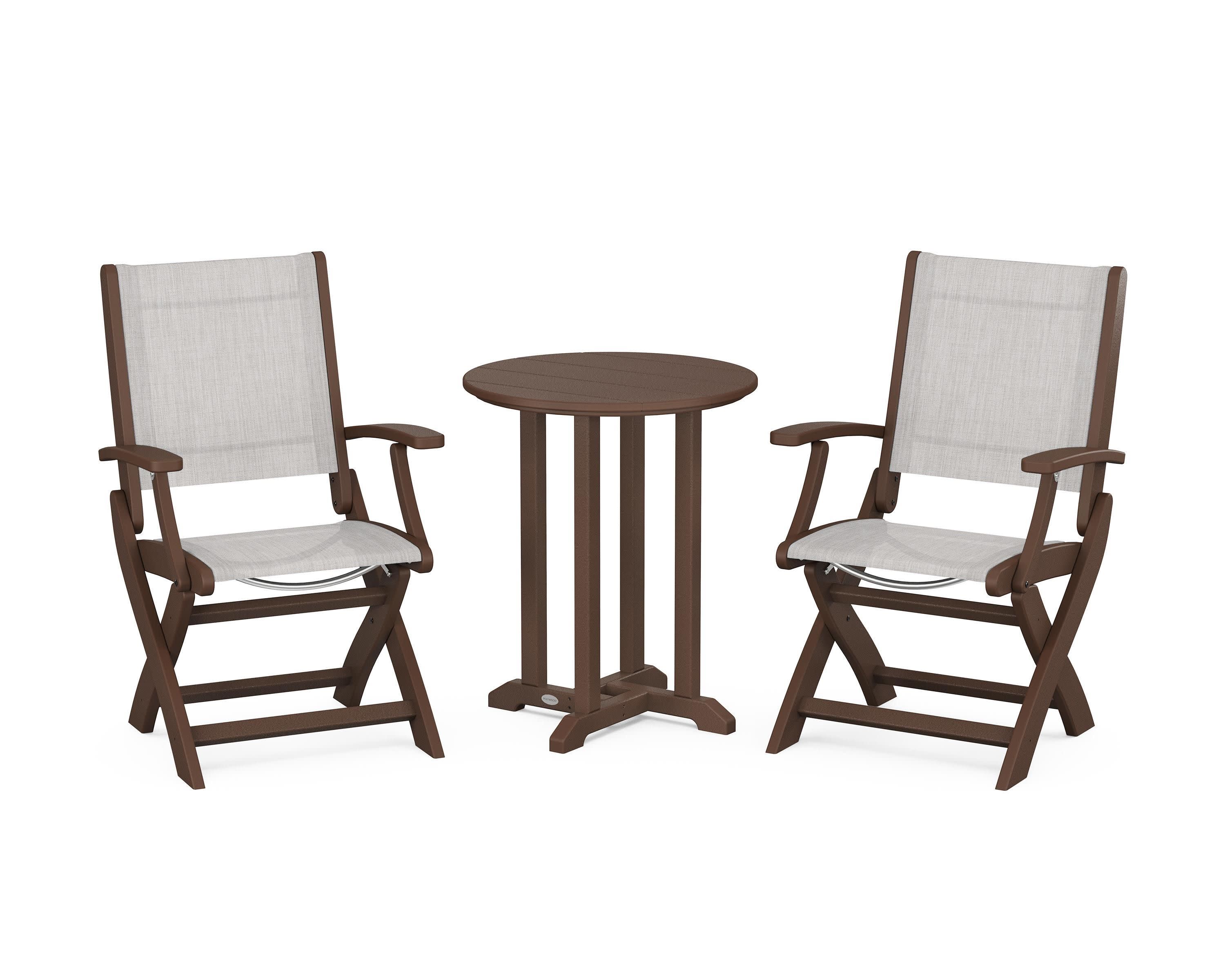 Coastal Folding 3-Piece Round Bistro Dining Set in Mahogany / Parchment Sling