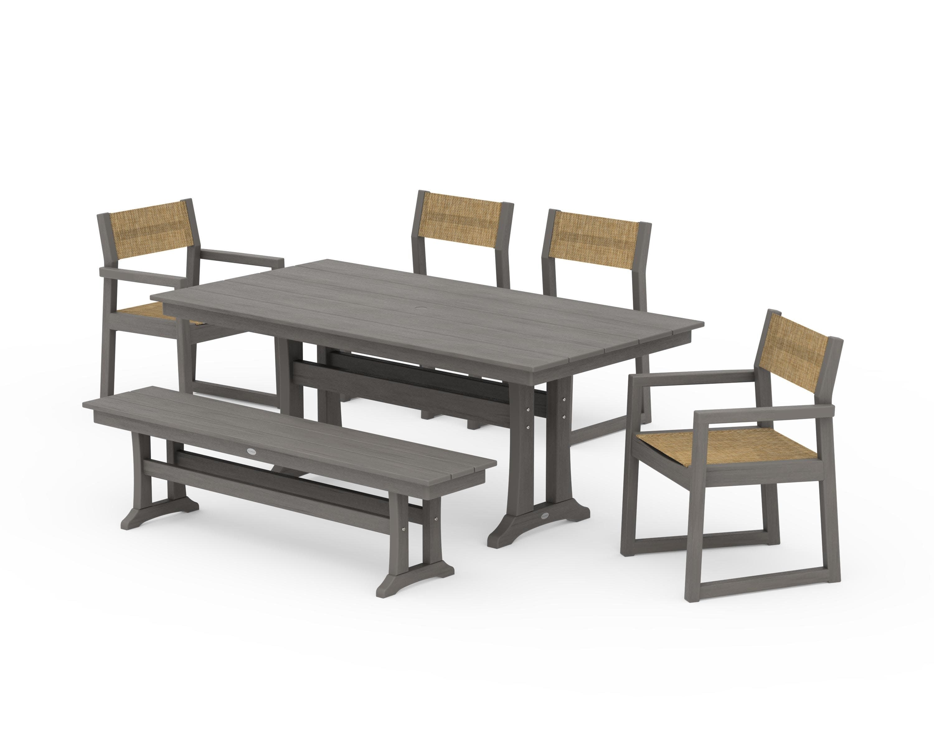 EDGE Sling 6-Piece Farmhouse Dining Set With Trestle Legs in Driftwood / Burlap Sling