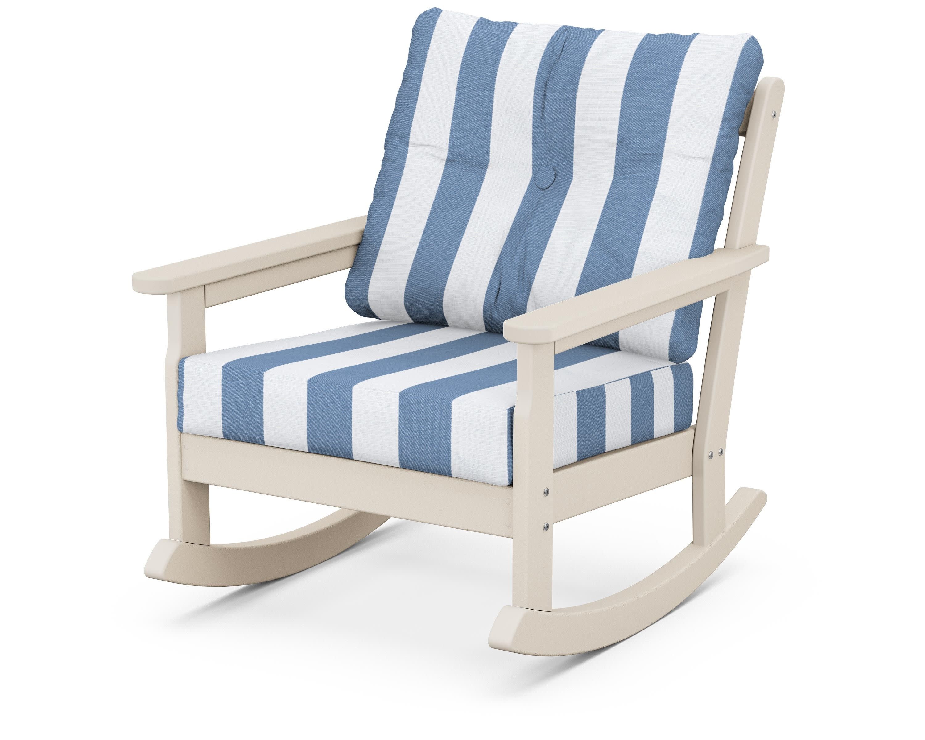 Vineyard Deep Seating Rocking Chair in Sand / Cabana Stripe Sky Blue