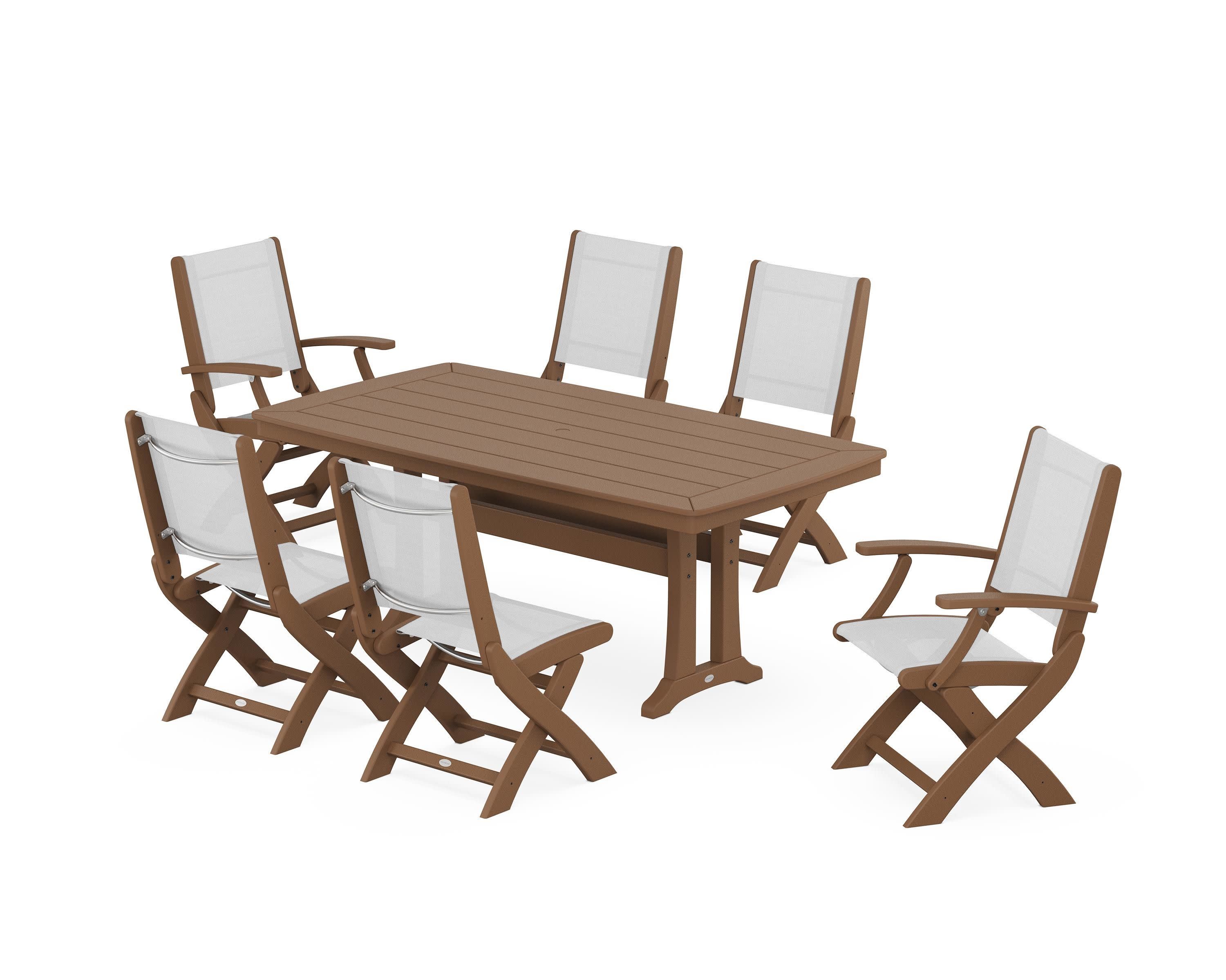 Coastal Folding Chair 7-Piece Dining Set with Trestle Legs in Teak / White Sling