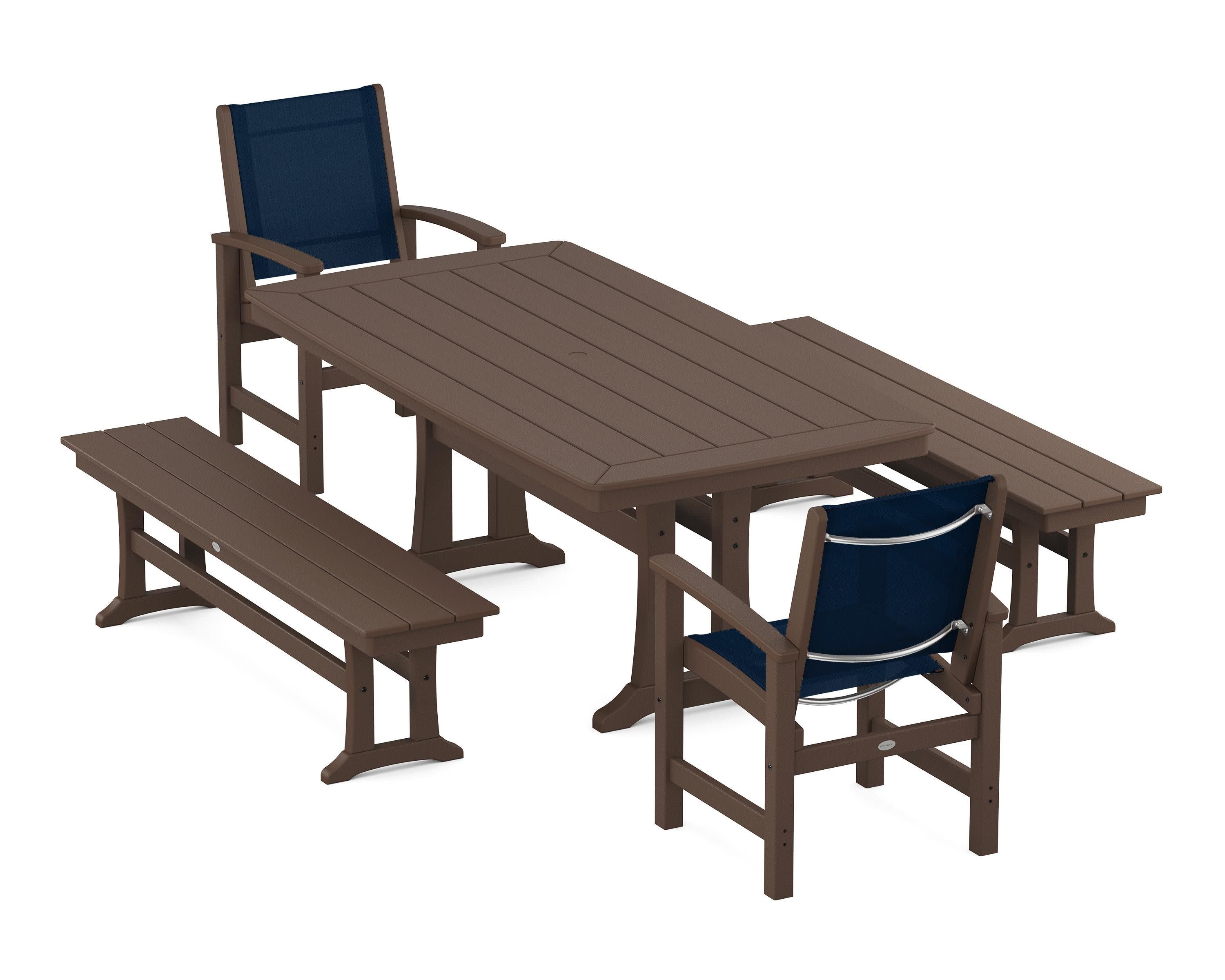 Coastal 5-Piece Dining Set with Trestle Legs and Benches in Mahogany / Navy Blue Sling