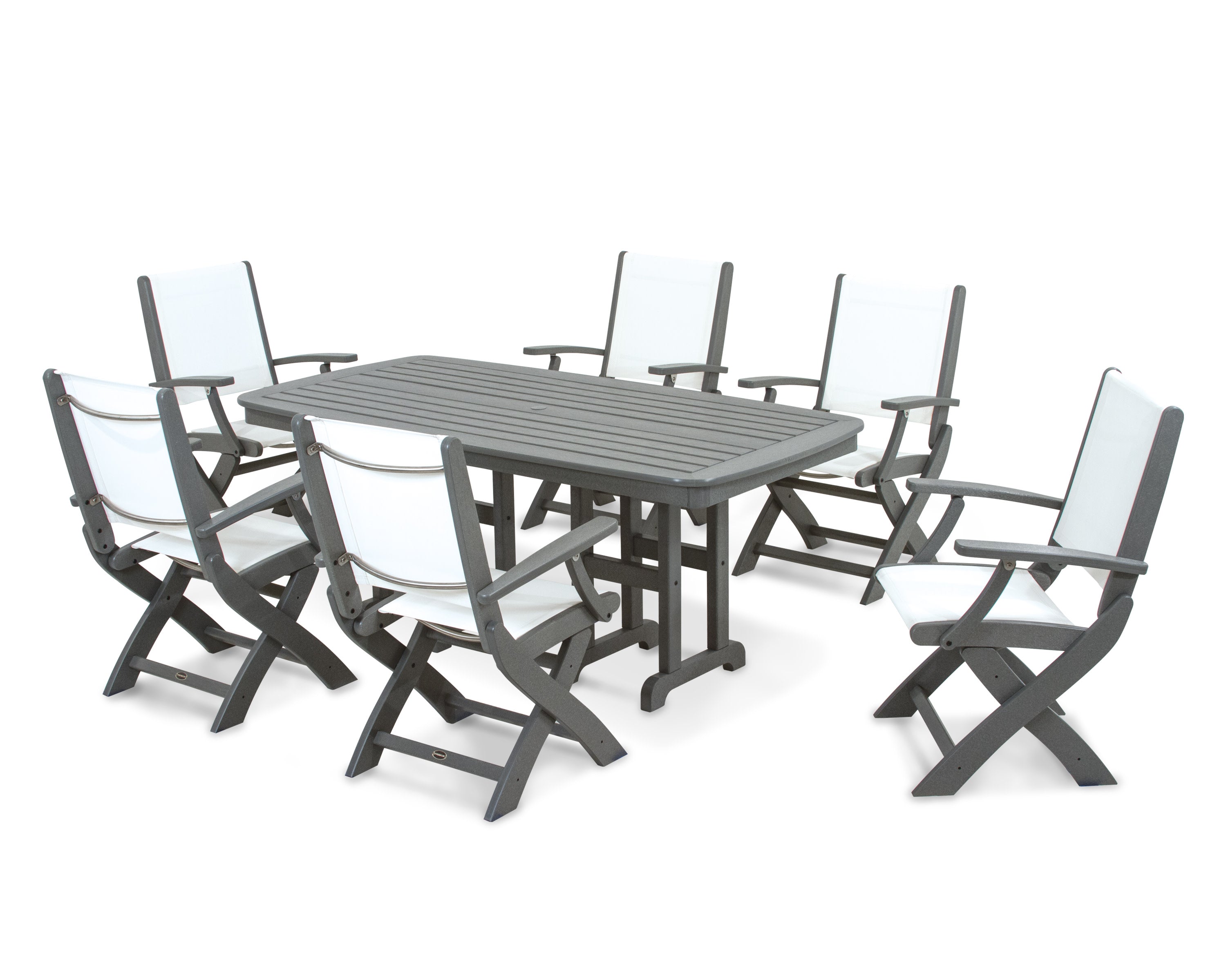 Coastal Folding Arm Chair 7-Piece Dining Set in Slate Grey / White Sling