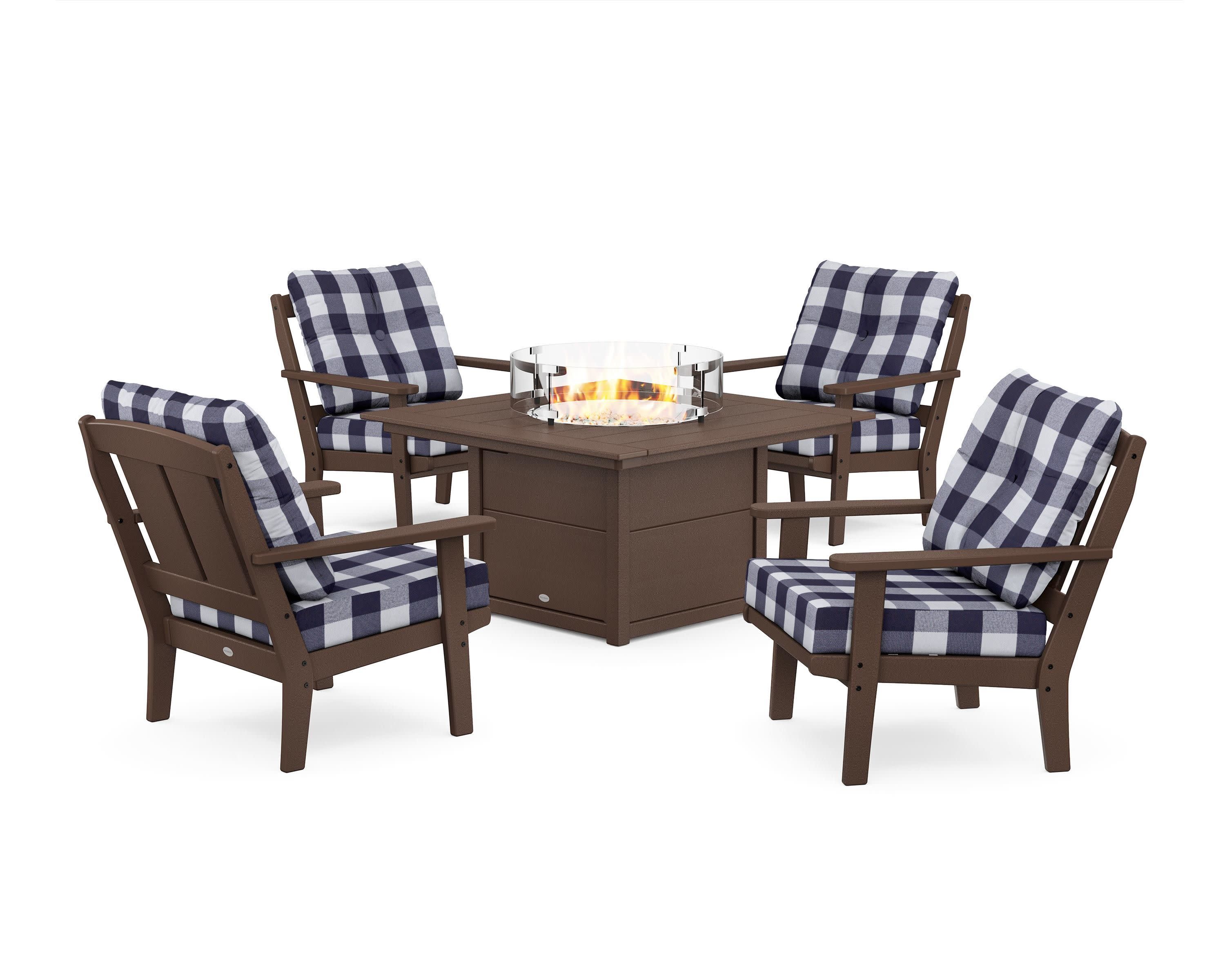 Mission 5-Piece Deep Seating Set with Fire Pit Table in Mahogany / Buffalo Plaid Navy