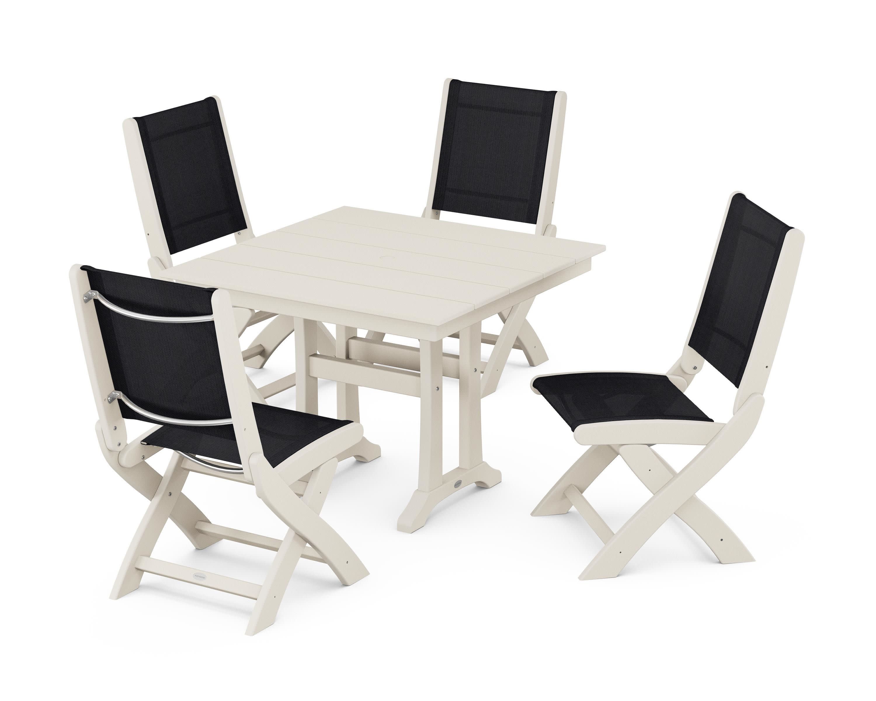 Coastal Folding Side Chair 5-Piece Farmhouse Dining Set With Trestle Legs in Sand / Black Sling