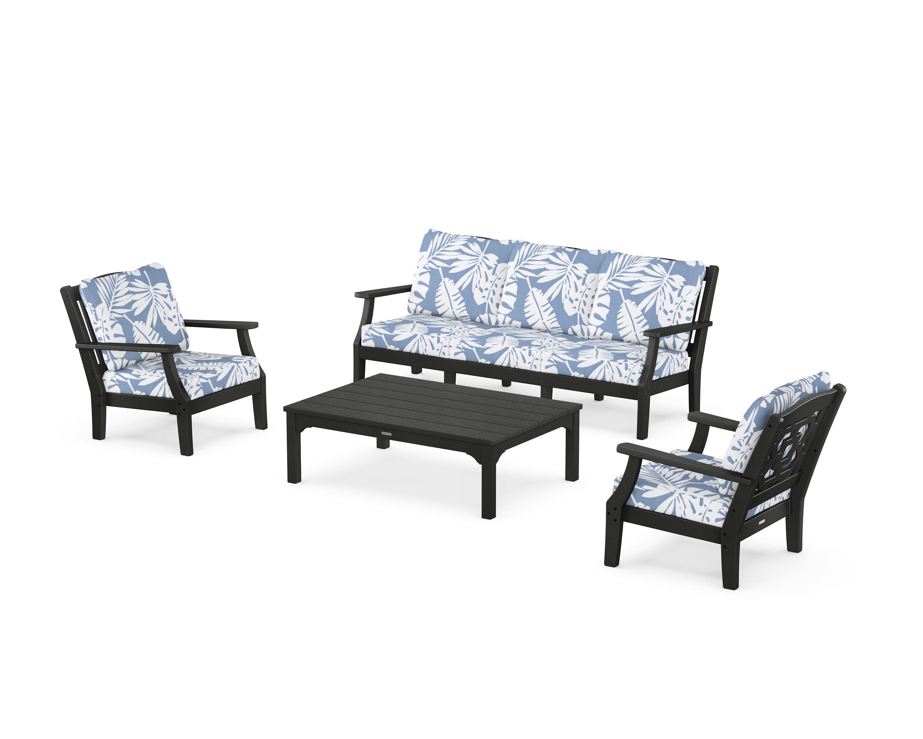 Chinoiserie 4-Piece Deep Seating Set with Sofa in Black / Leaf Sky Blue