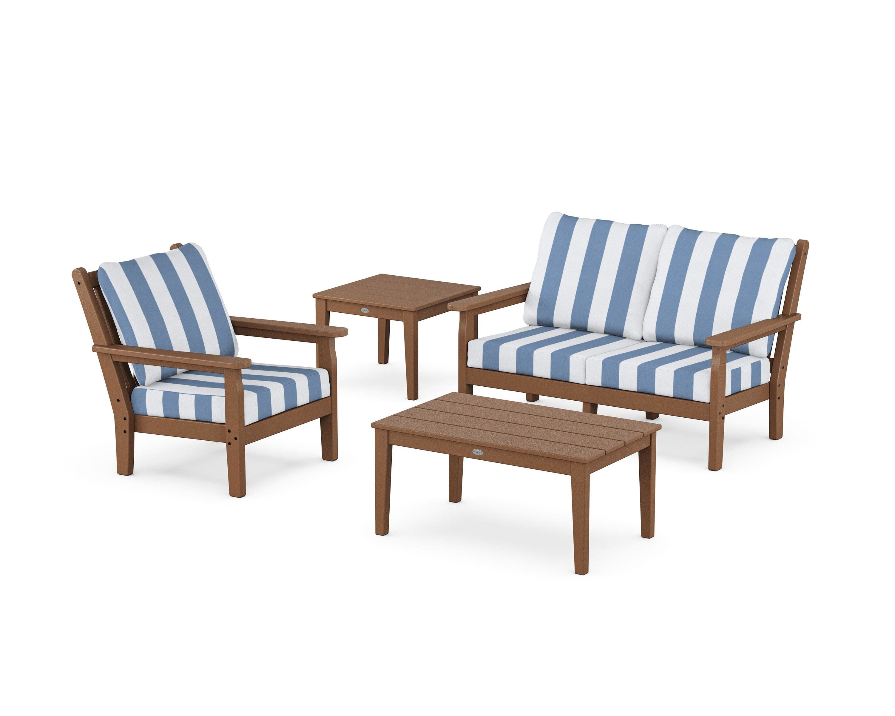 Chippendale 4-Piece Deep Seating Set in Teak / Cabana Stripe Sky Blue