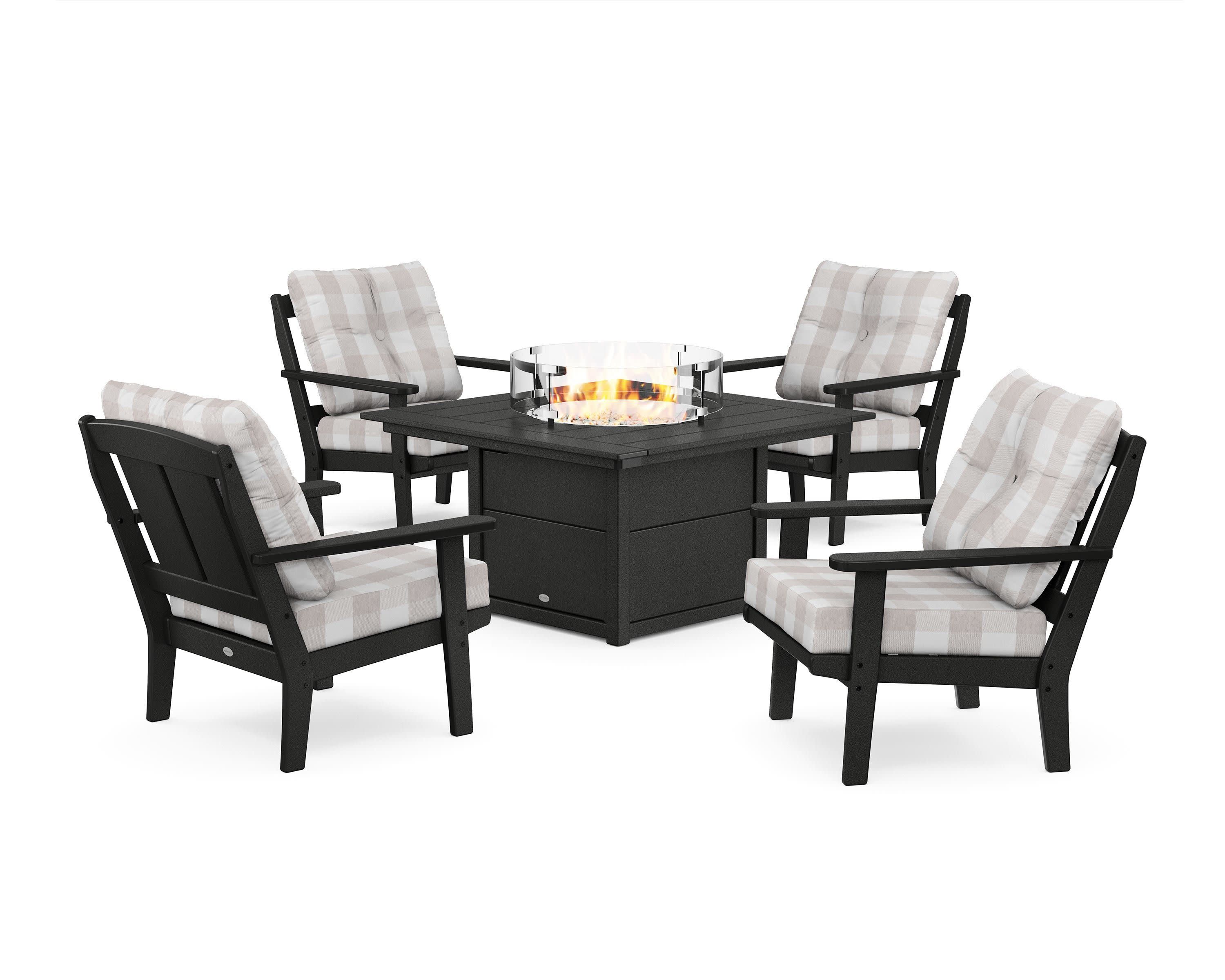 Mission 5-Piece Deep Seating Set with Fire Pit Table in Black / Buffalo Plaid Dune Burlap