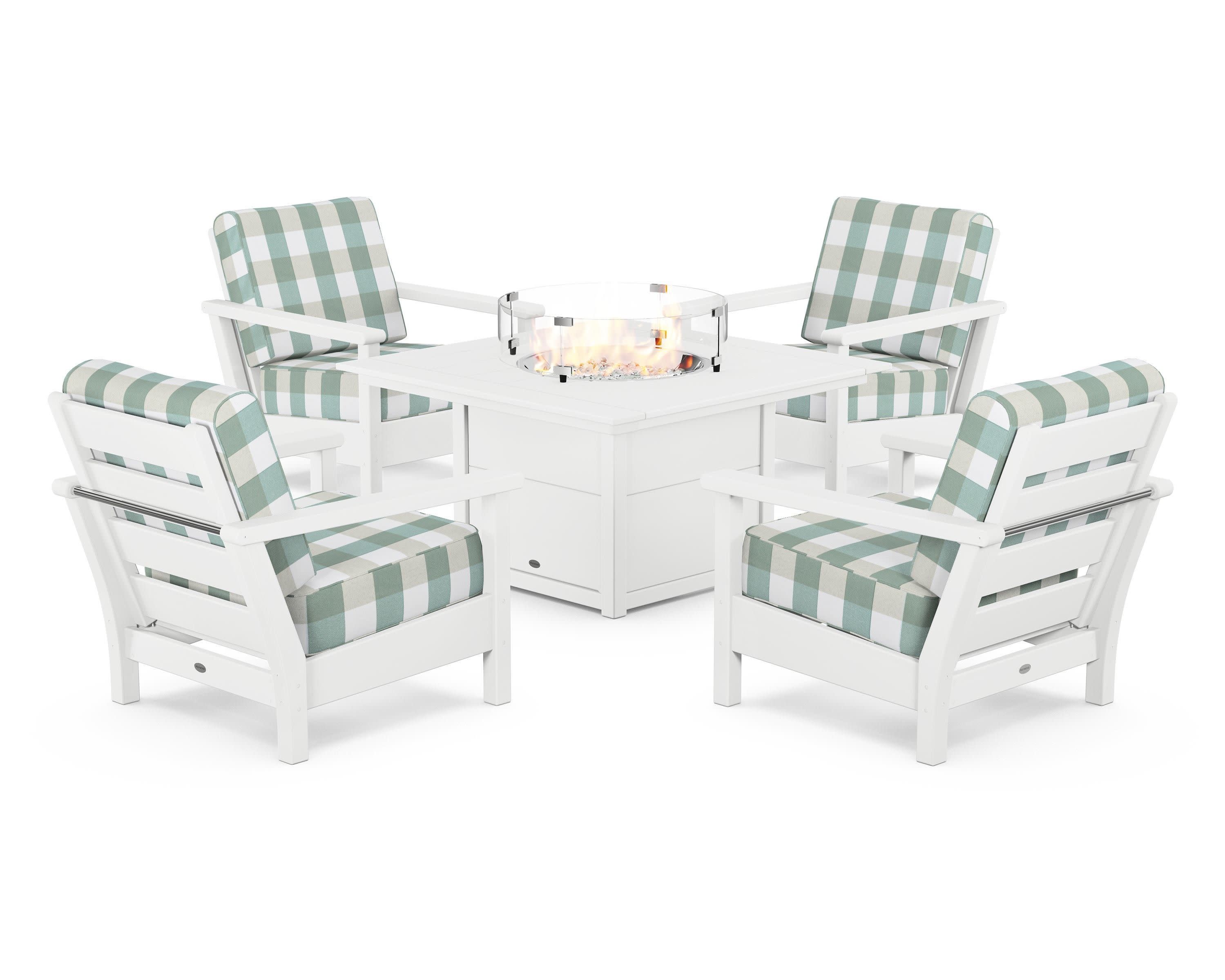 Harbour 5-Piece Conversation Set with Fire Pit Table in White / Buffalo Plaid Glacier Spa