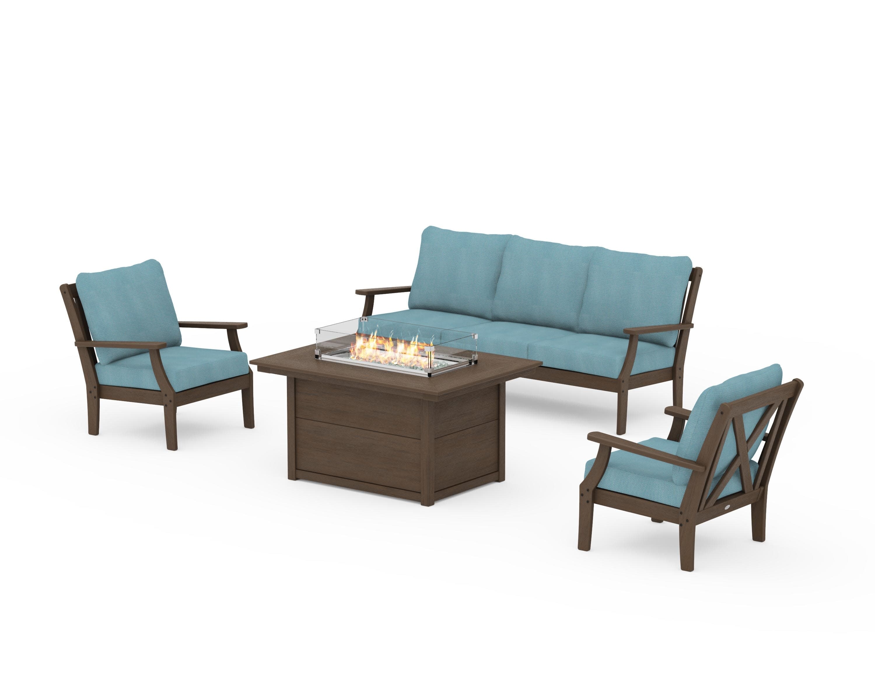 Braxton Deep Seating Fire Pit Table Set in Kona / Lattice Sky Blue