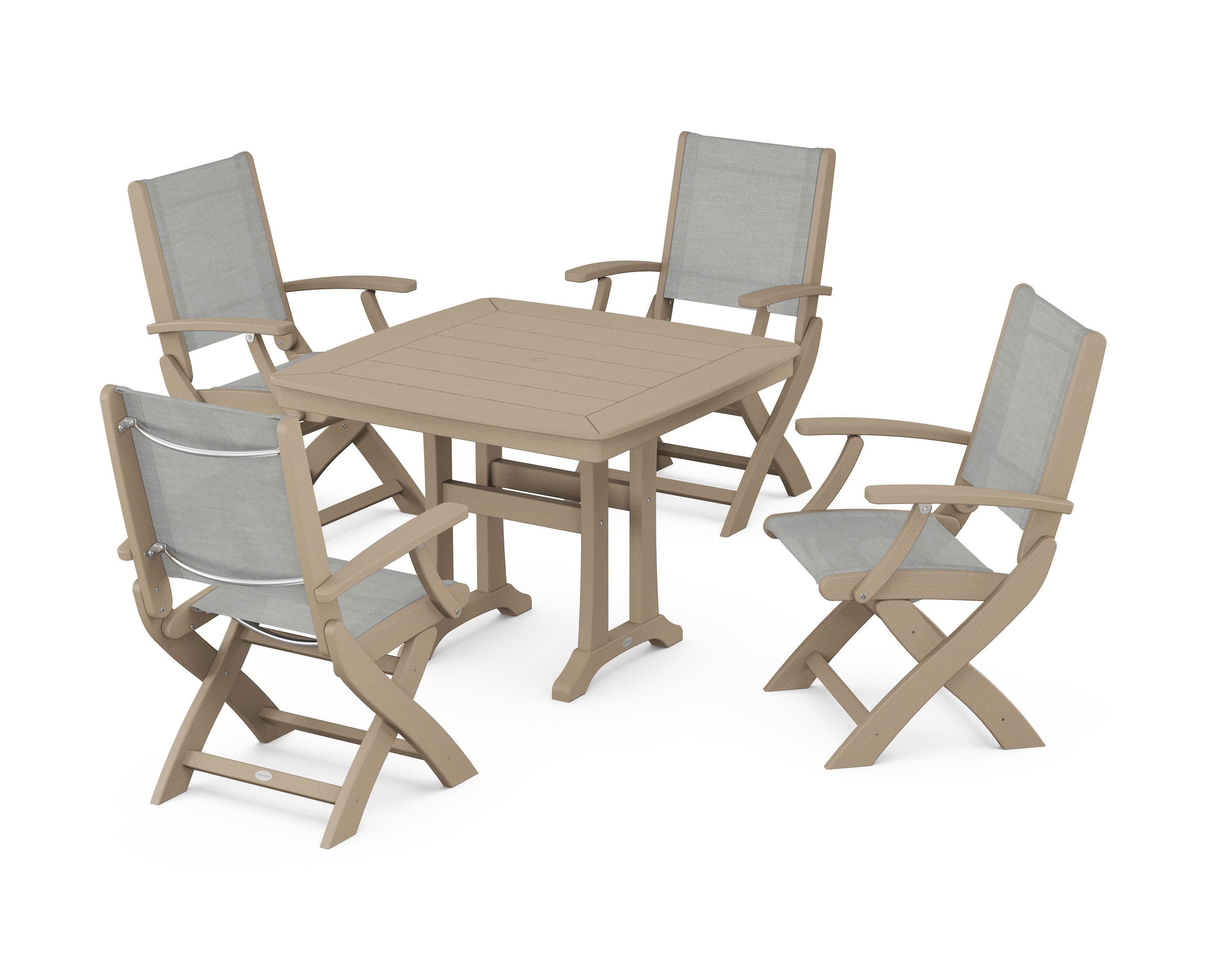 Coastal Folding Chair 5-Piece Dining Set with Trestle Legs in Vintage Sahara / Metallic Sling