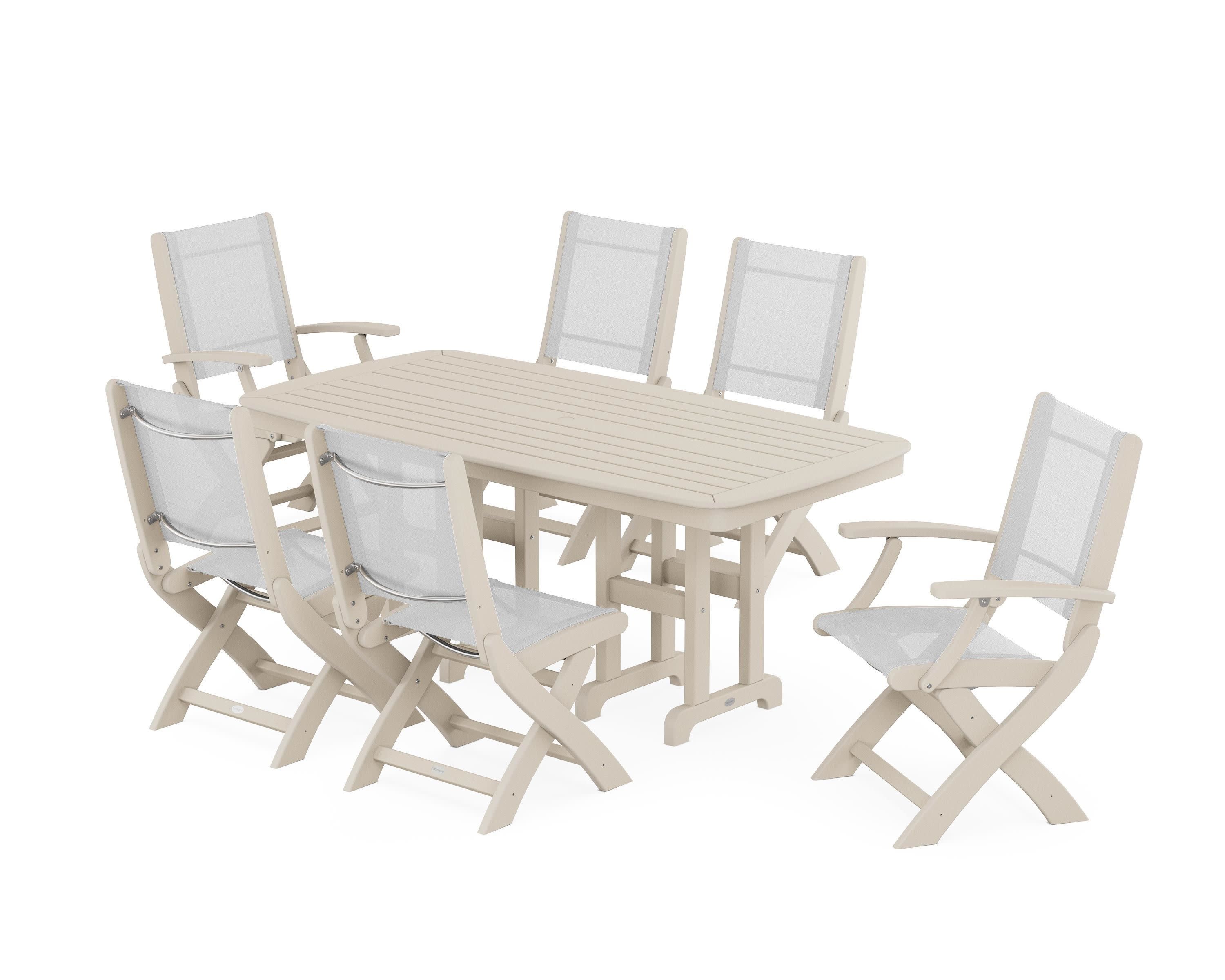 Coastal Folding Chair 7-Piece Dining Set in Sand / White Sling