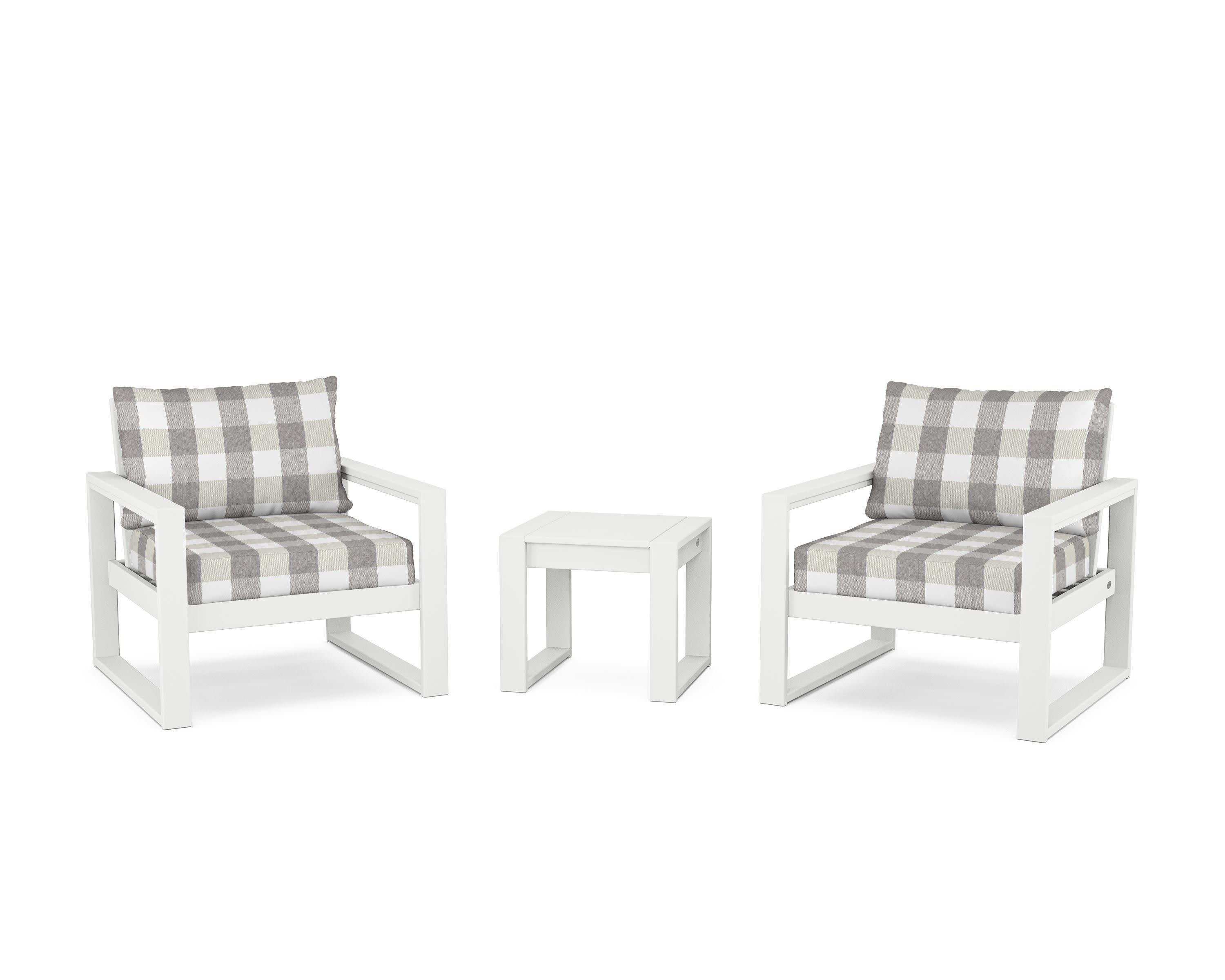 EDGE Sectional 3-Piece Deep Seating Set in White / Buffalo Plaid Grey Mist