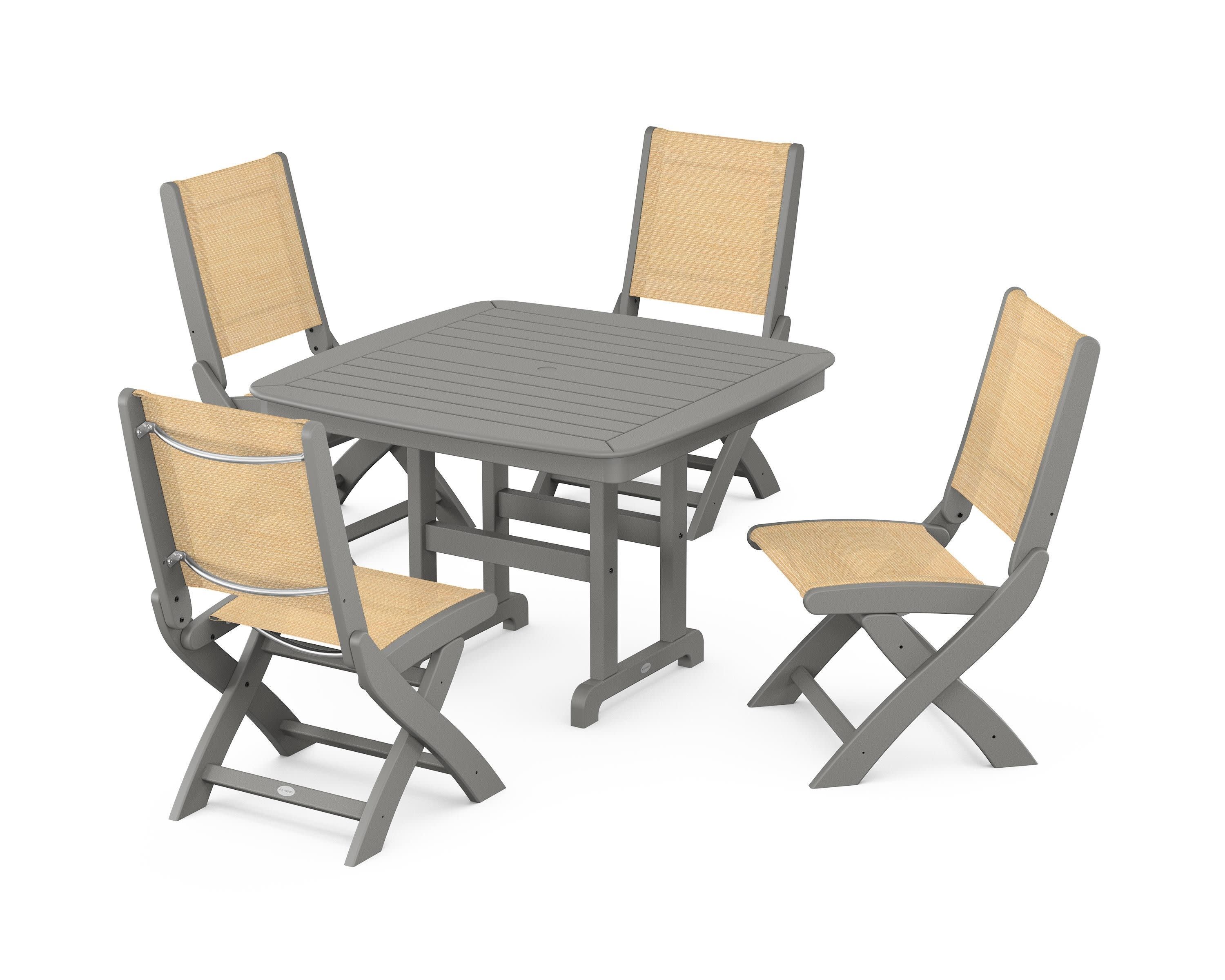 Coastal Folding Side Chair 5-Piece Dining Set in Slate Grey / Dupioni Apricot Sling