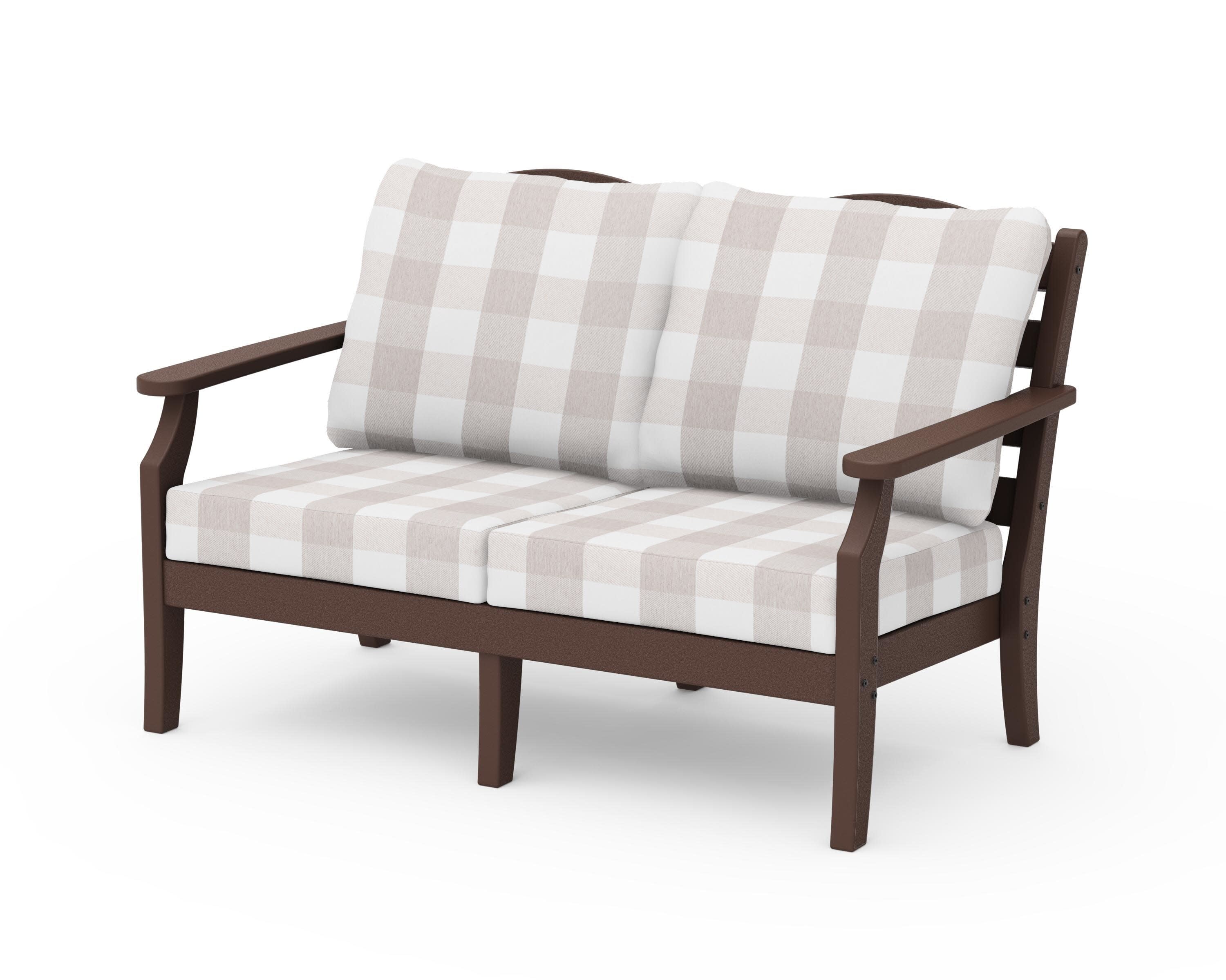 Savannah Deep Seating Loveseat in Mahogany / Buffalo Plaid Dune Burlap