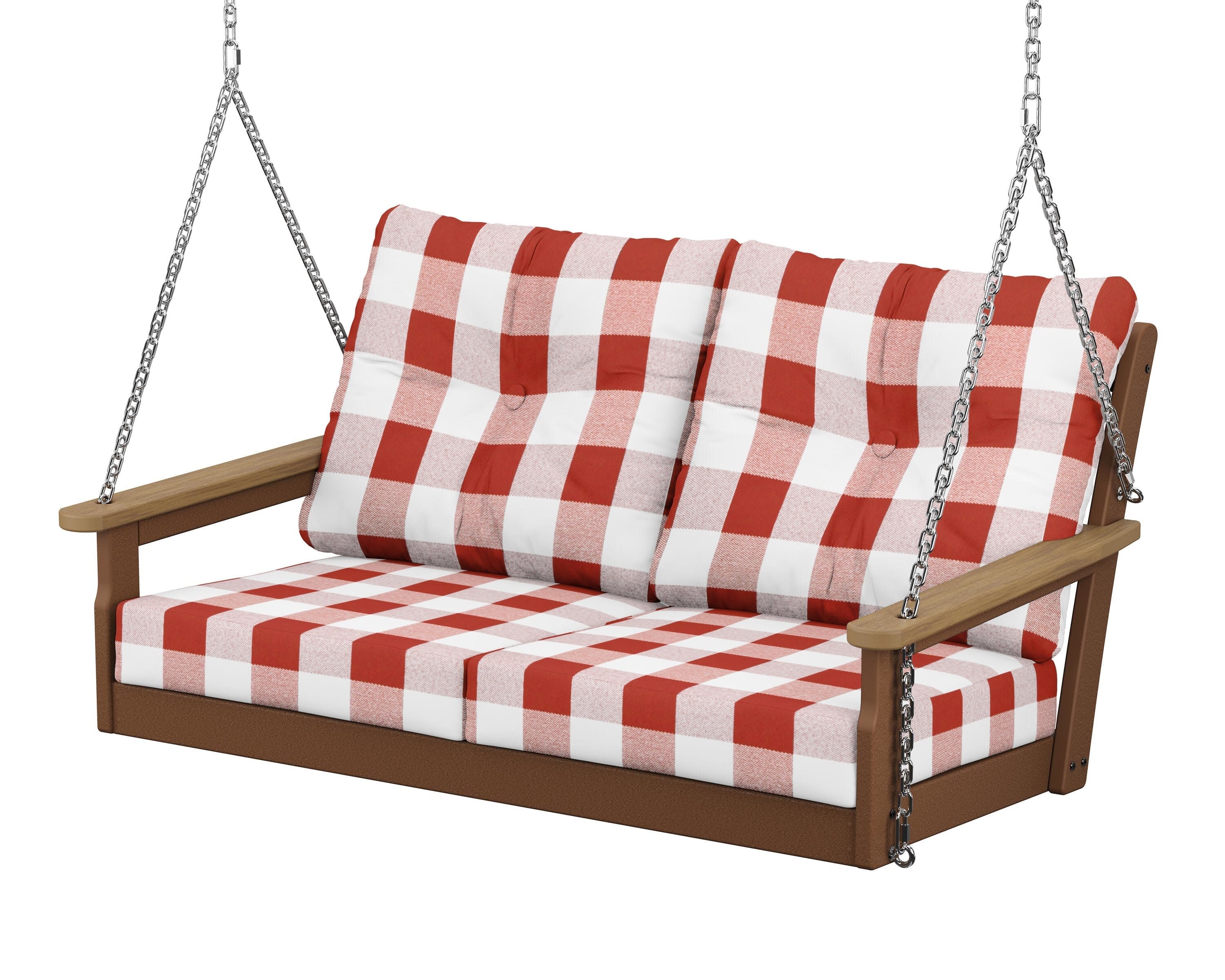Vineyard Deep Seating Swing in Teak / Natural / Buffalo Plaid Crimson