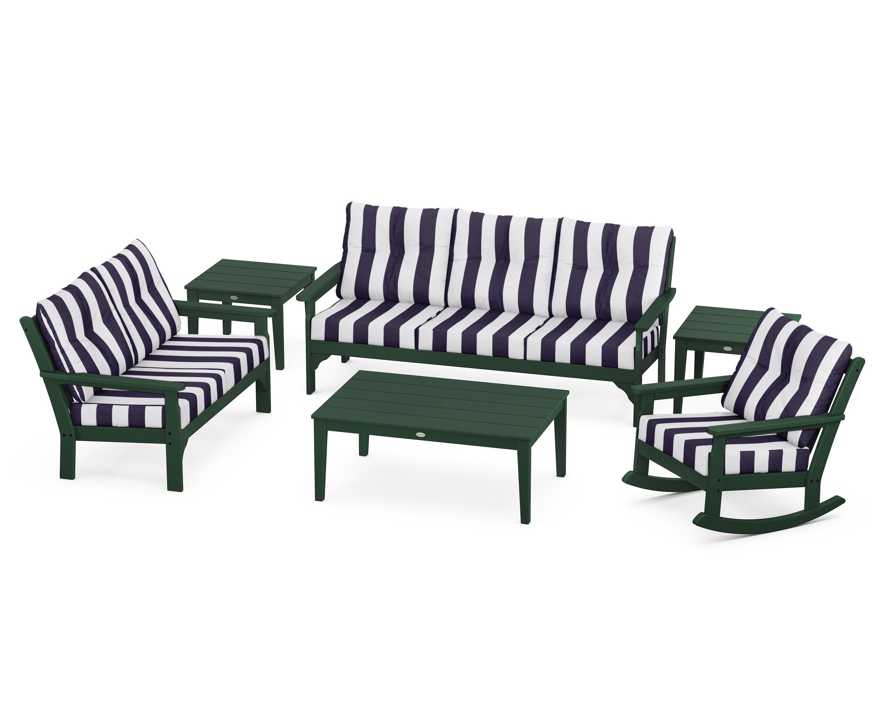 Vineyard 6-Piece Deep Seating Set in Green / Cabana Stripe Navy