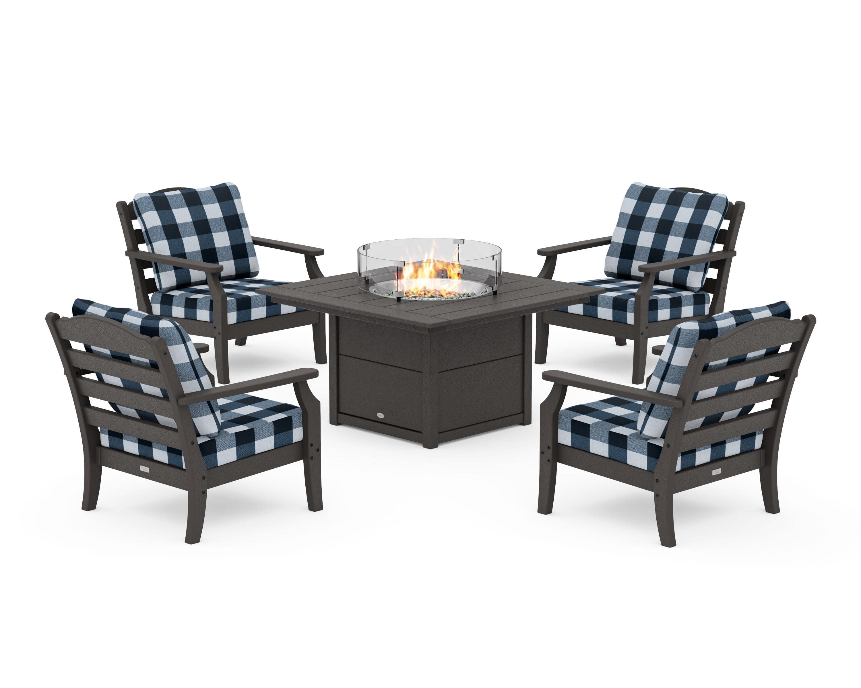 Savannah 5-Piece Deep Seating Set with Fire Pit Table in Vintage Coffee / Buffalo Plaid Marine Indigo