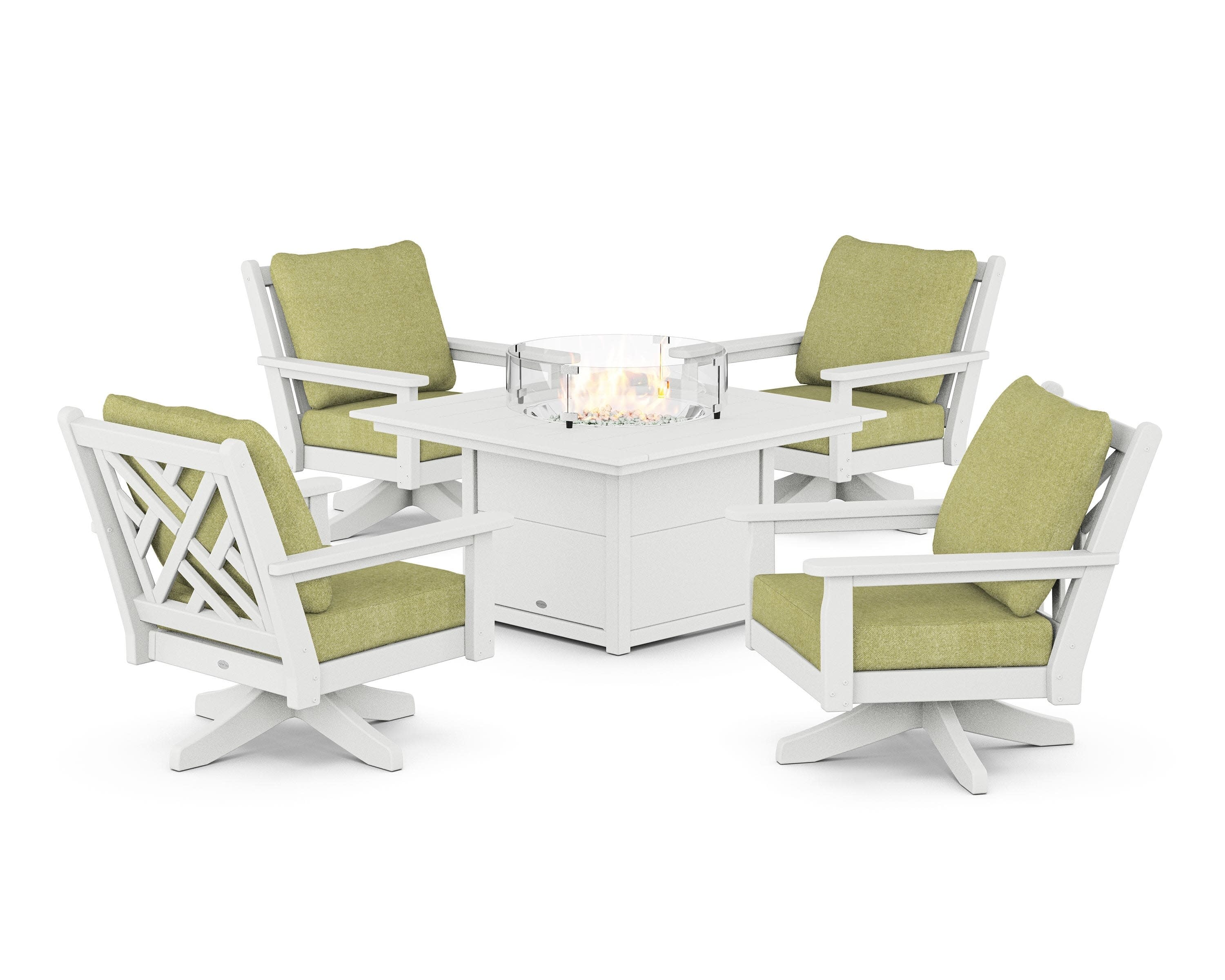 Chippendale 5-Piece Deep Seating Swivel Conversation Set with Fire Pit Table in White / Chartreuse Boucle
