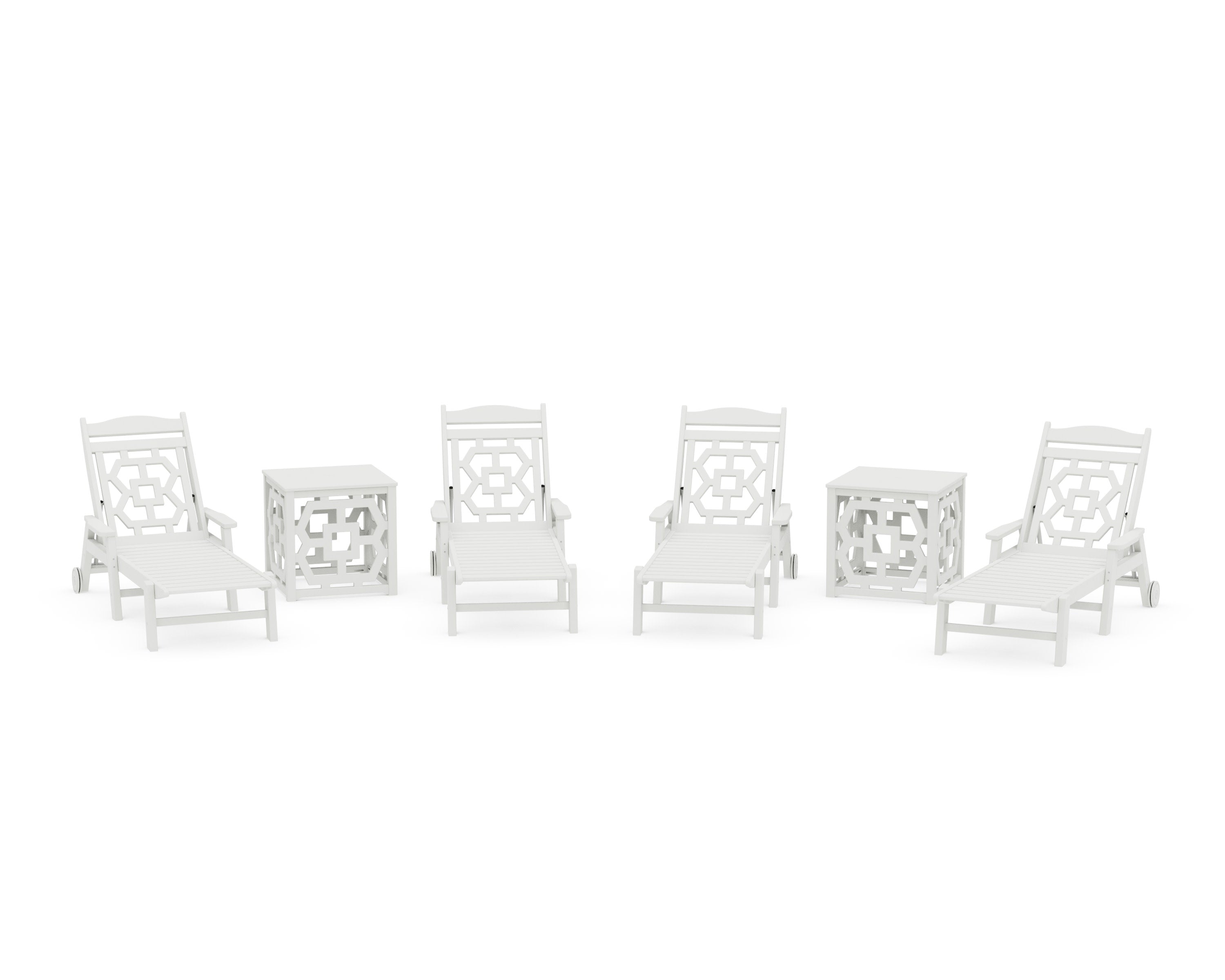 Chinoiserie 6-Piece Chaise Set with Umbrella Stand Accent Table in Vintage White