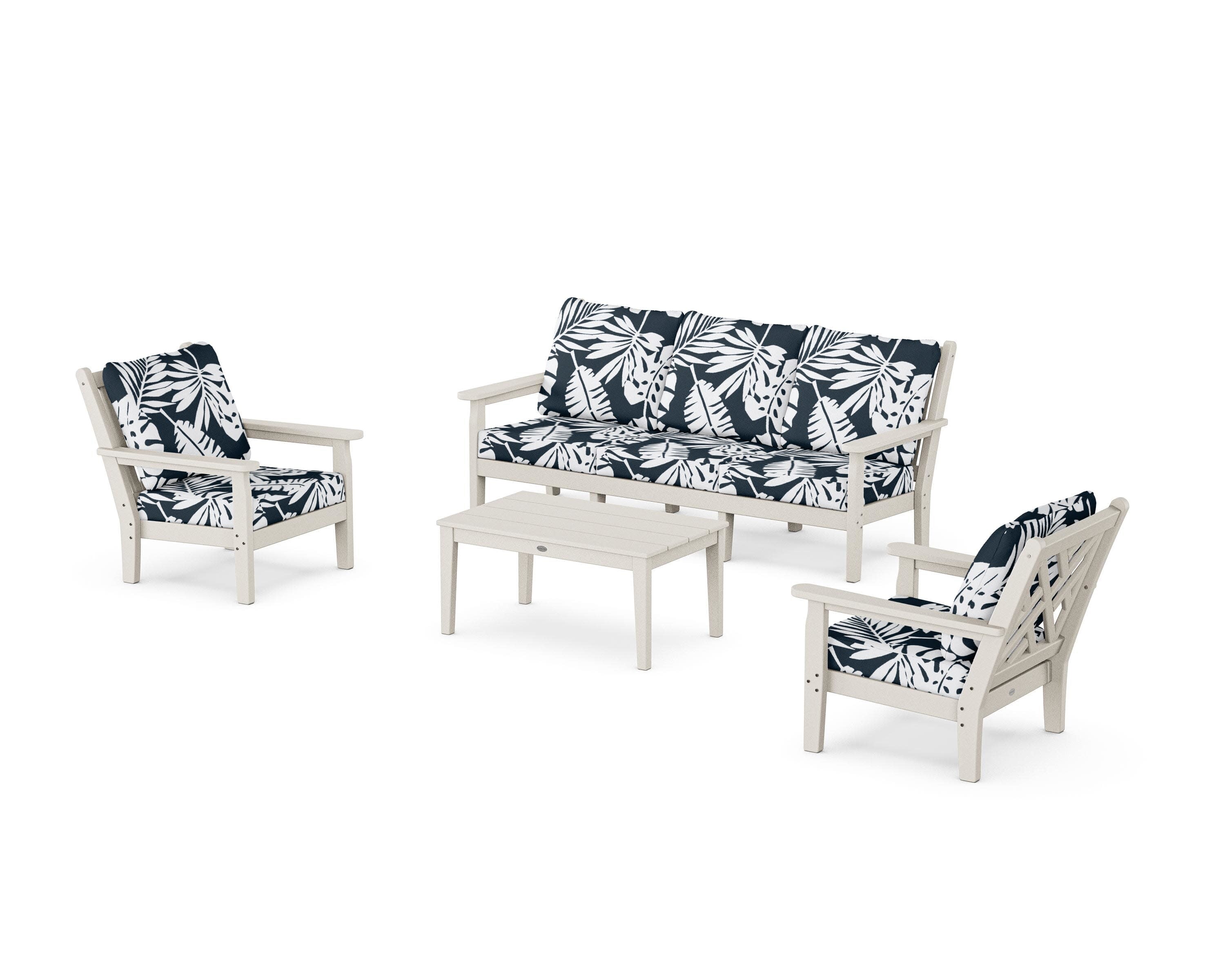 Chippendale 4-Piece Deep Seating Set with Sofa in Sand / Leaf Marine Indigo
